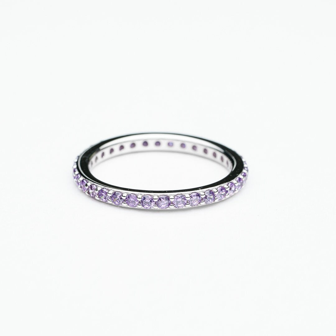 Purple Cubic Zircon Eternity ring 925 sterling silver rhodium plated size 6 & 7 us