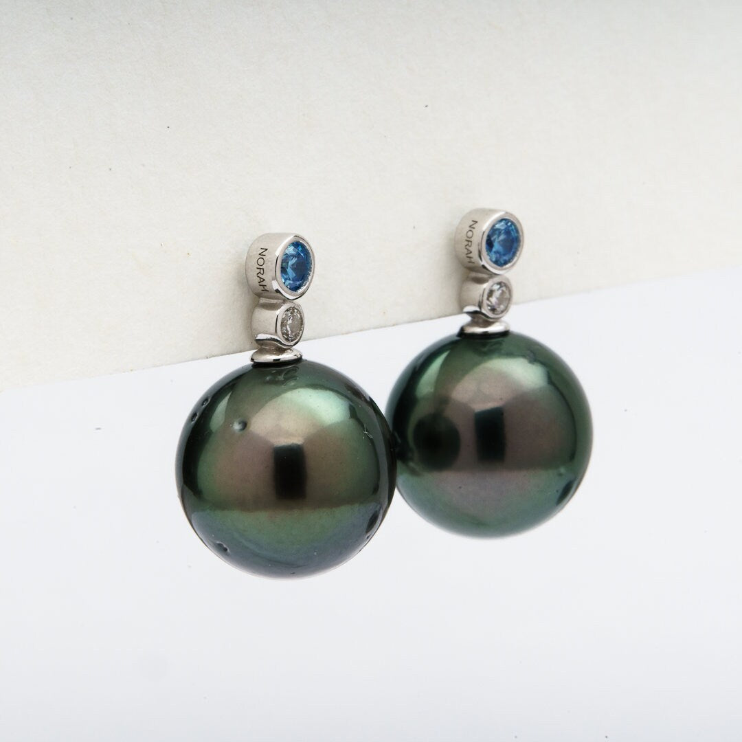 Tahitian pearl earrings 11mm, 925 sterling silver with rhodium finish and cubic zirconia