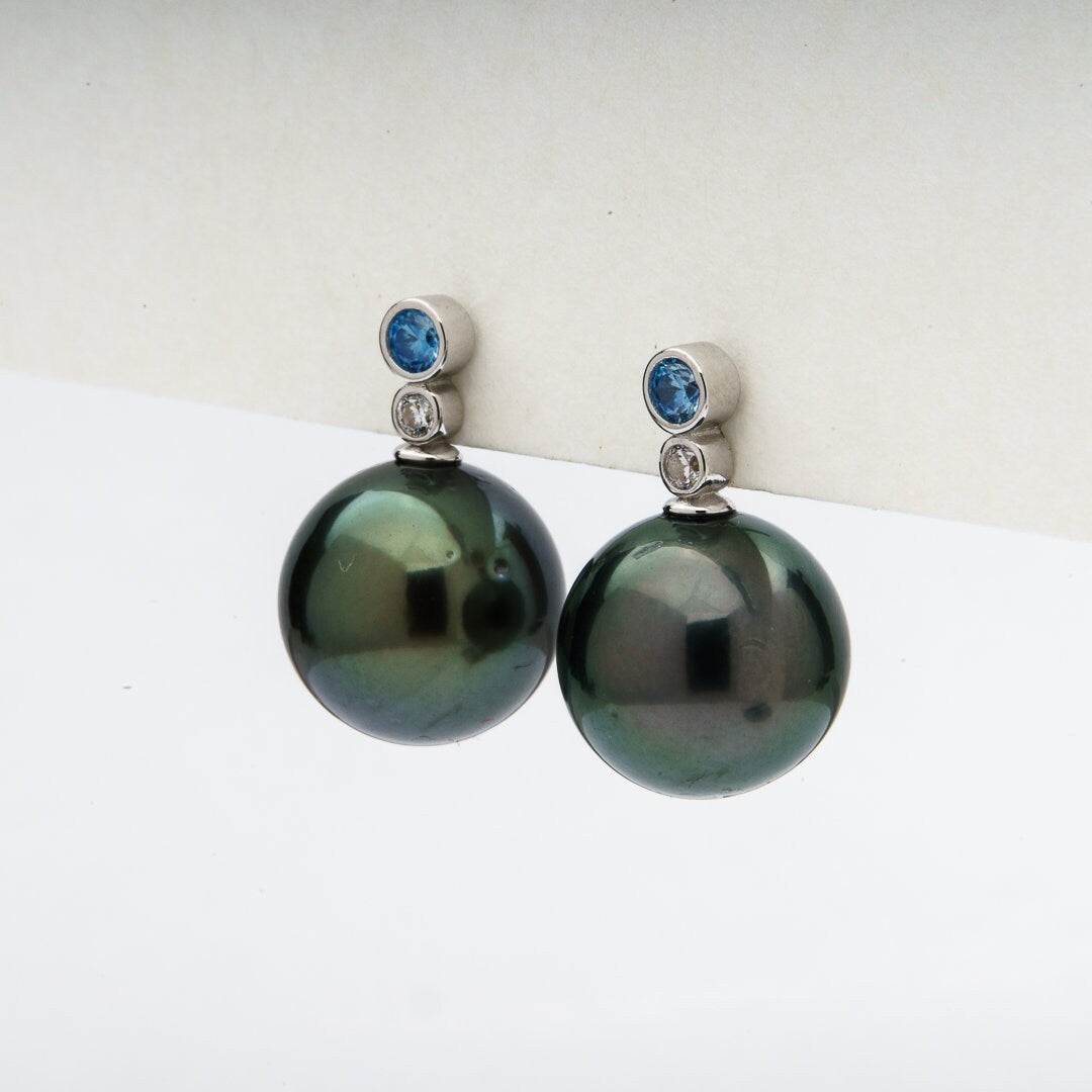 Tahitian pearl earrings 11mm, 925 sterling silver with rhodium finish and cubic zirconia