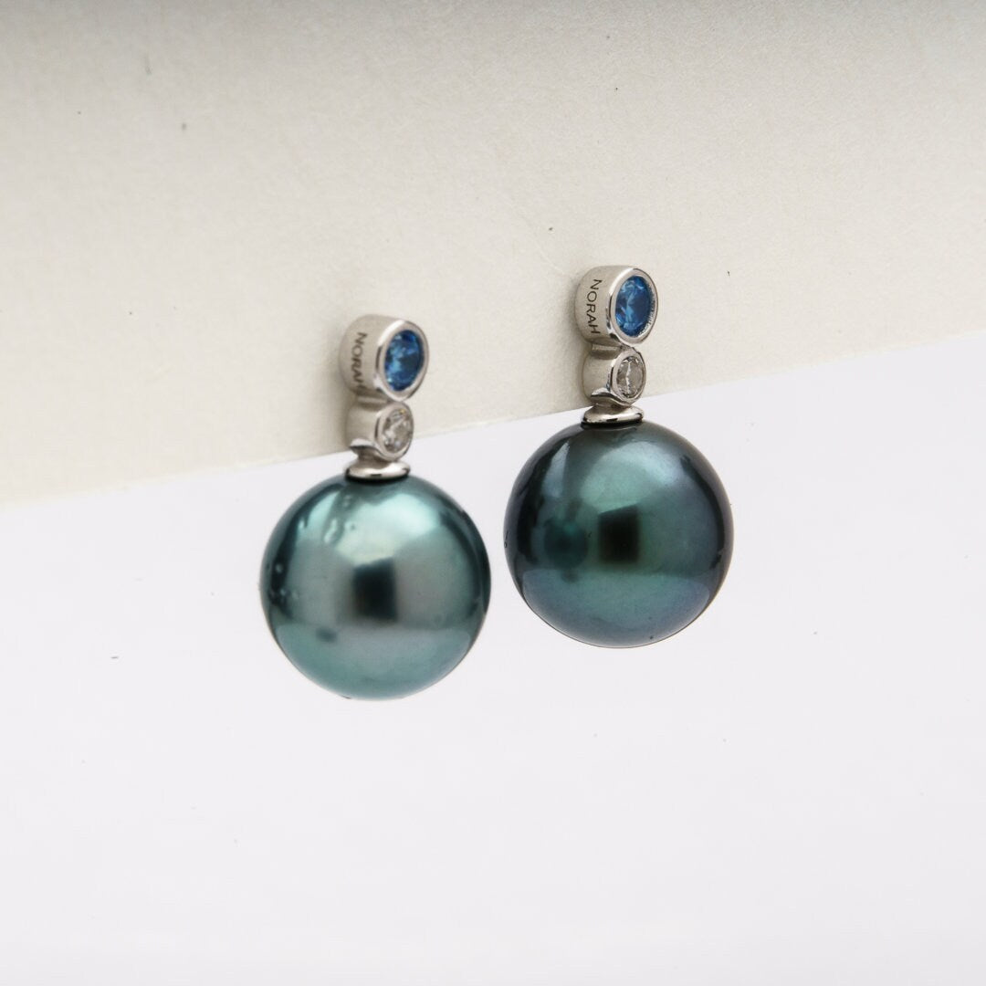 Tahitian pearl earrings 9mm, 925 sterling silver with rhodium finish and cubic zirconia