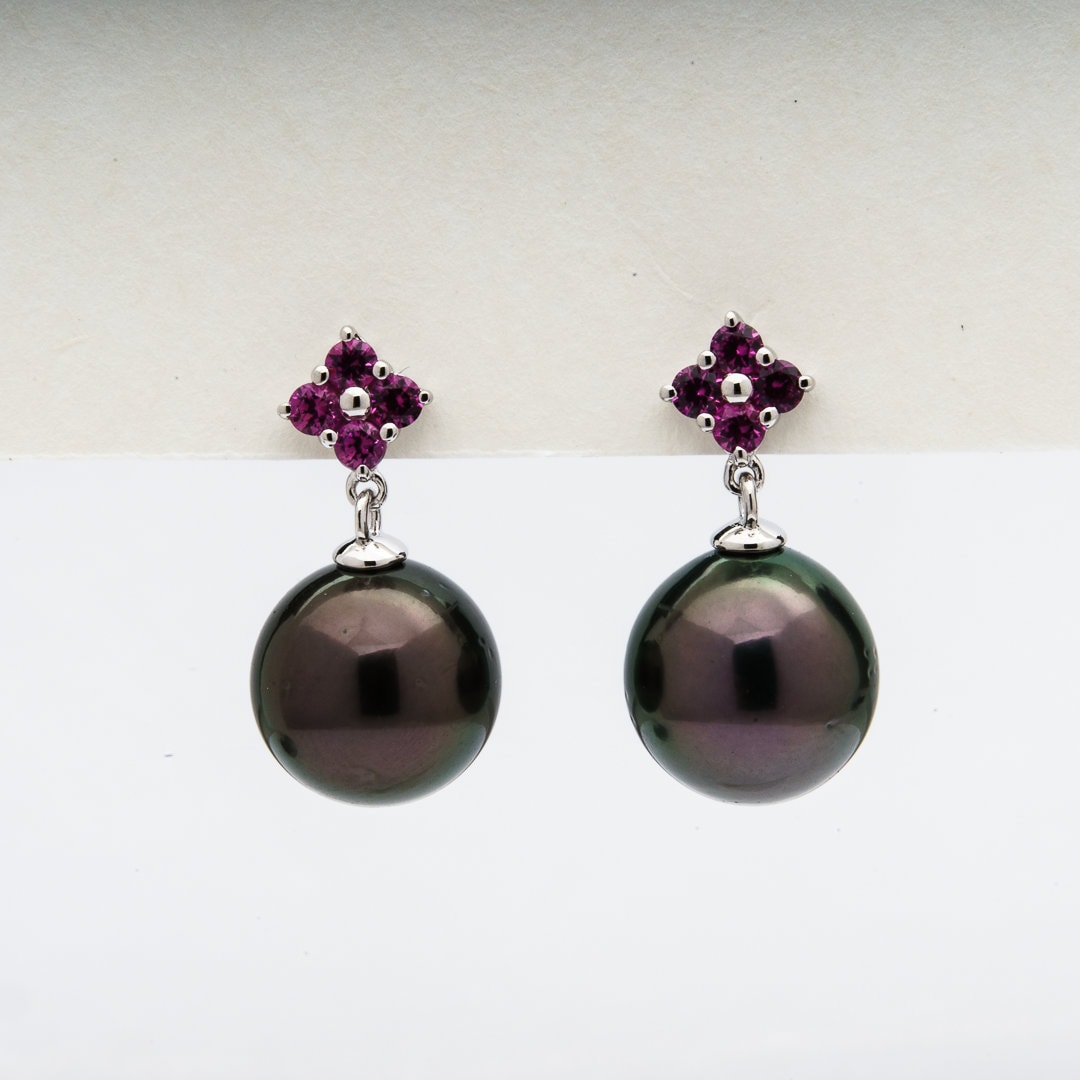 Tahitian pearl earrings 9mm, 925 sterling silver with rhodium finish and cubic zirconia