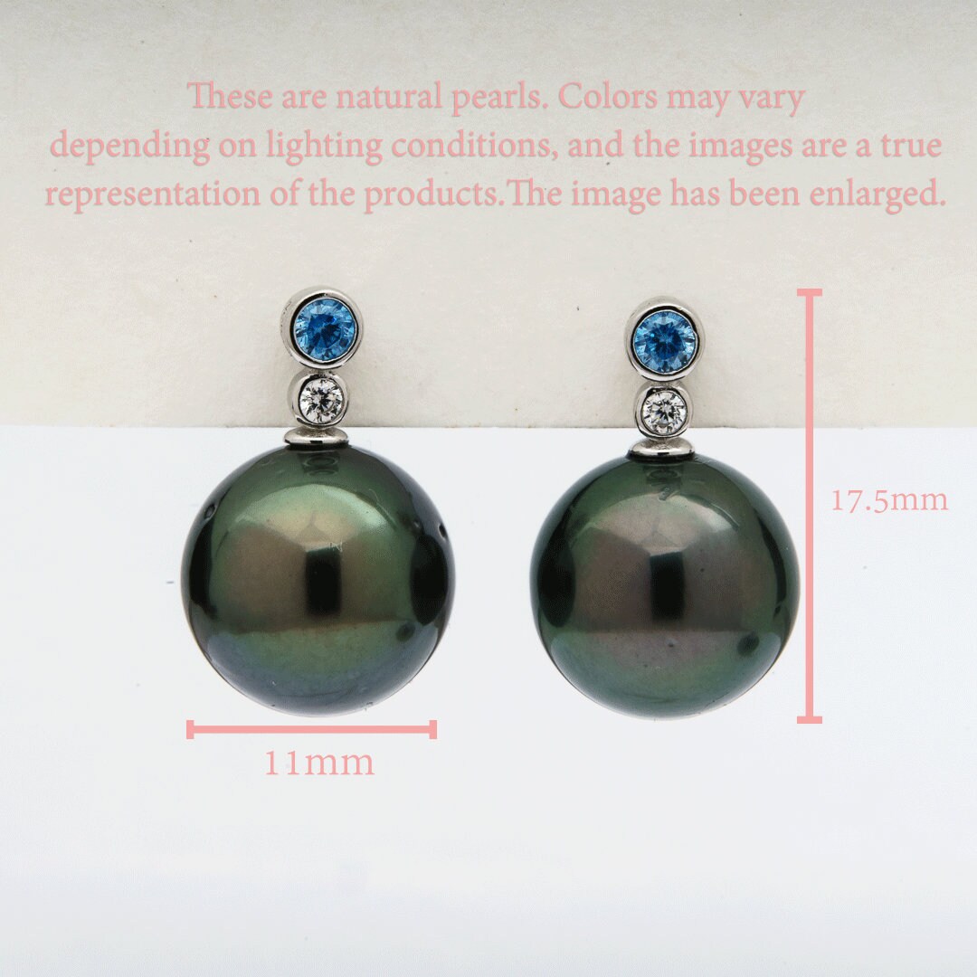 Tahitian pearl earrings 11mm, 925 sterling silver with rhodium finish and cubic zirconia