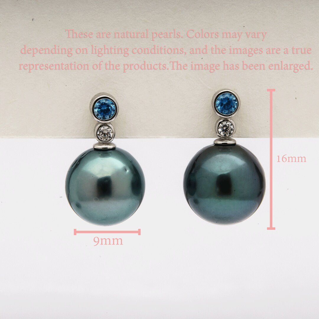 Tahitian pearl earrings 9mm, 925 sterling silver with rhodium finish and cubic zirconia