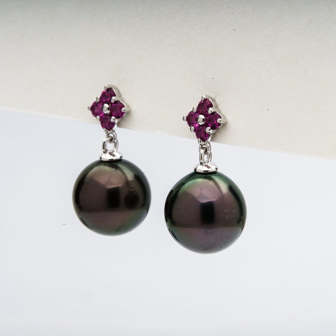 Tahitian pearl earrings 9mm, 925 sterling silver with rhodium finish and cubic zirconia