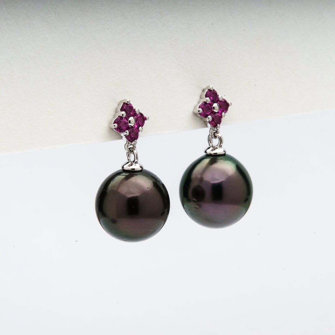 Tahitian pearl earrings 9mm, 925 sterling silver with rhodium finish and cubic zirconia