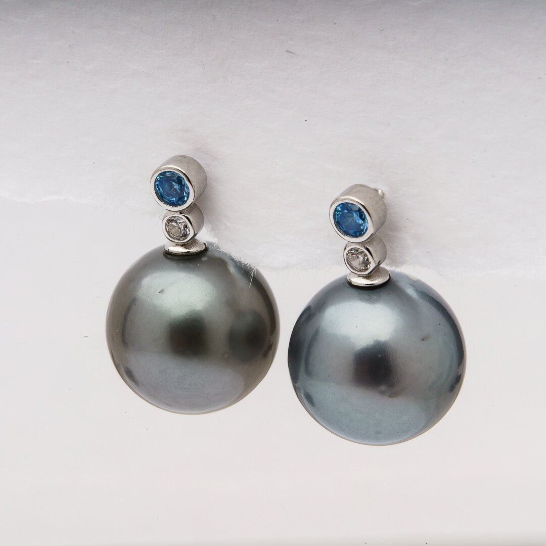 Tahitian pearl earrings 11mm, 925 sterling silver with rhodium finish and cubic zirconia