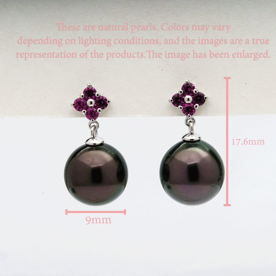 Tahitian pearl earrings 9mm, 925 sterling silver with rhodium finish and cubic zirconia