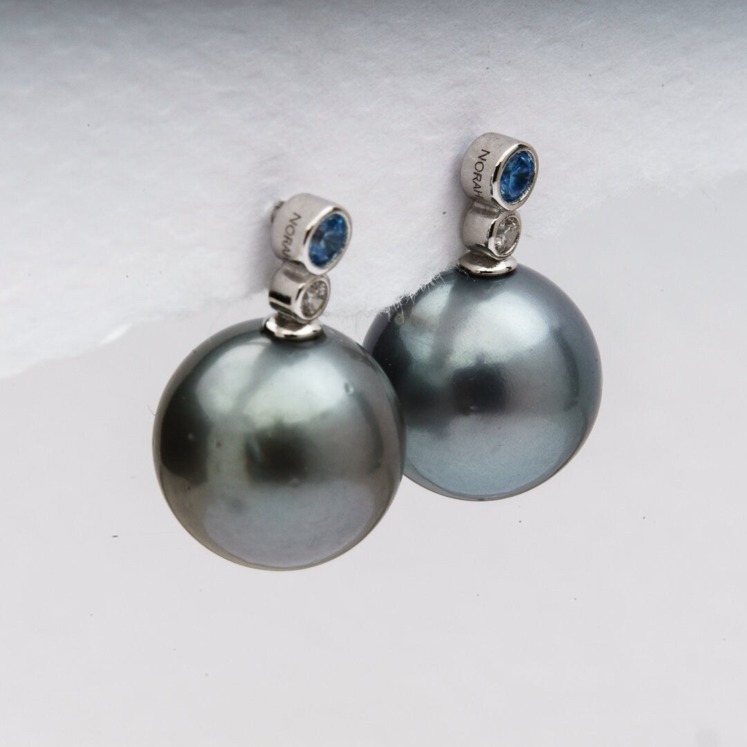 Tahitian pearl earrings 11mm, 925 sterling silver with rhodium finish and cubic zirconia