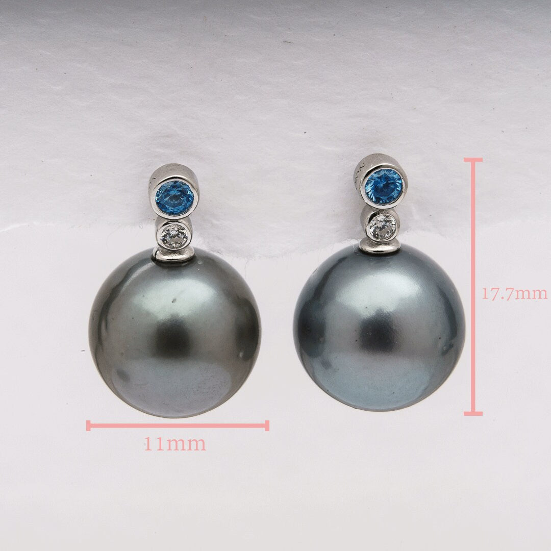 Tahitian pearl earrings 11mm, 925 sterling silver with rhodium finish and cubic zirconia