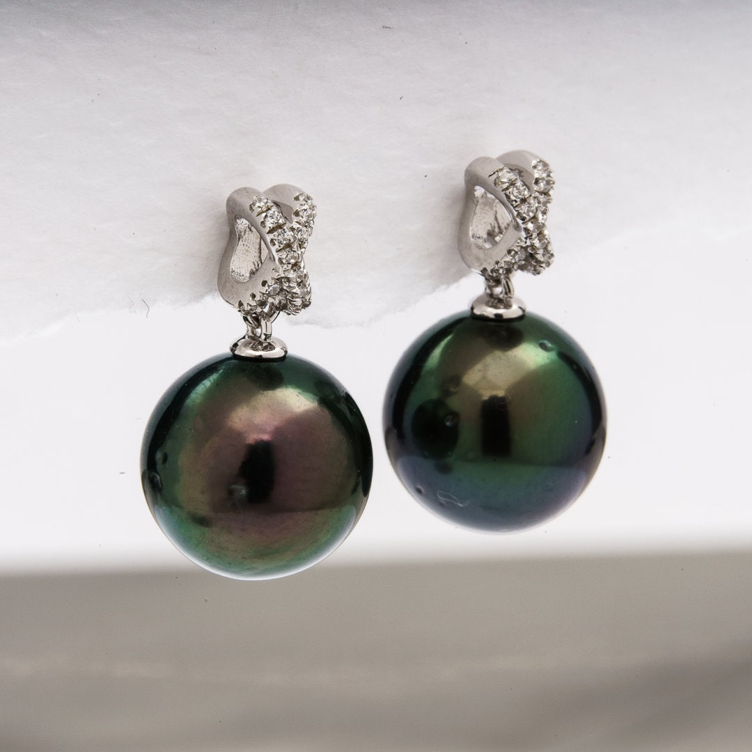 Tahitian pearl earrings 10mm, 925 sterling silver with rhodium finish and cubic zirconia