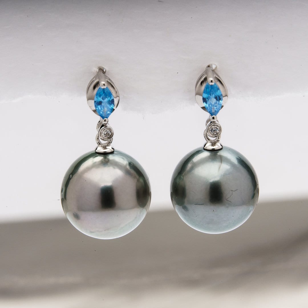 Tahitian pearl earrings 11mm, 925 sterling silver with rhodium finish and cubic zirconia