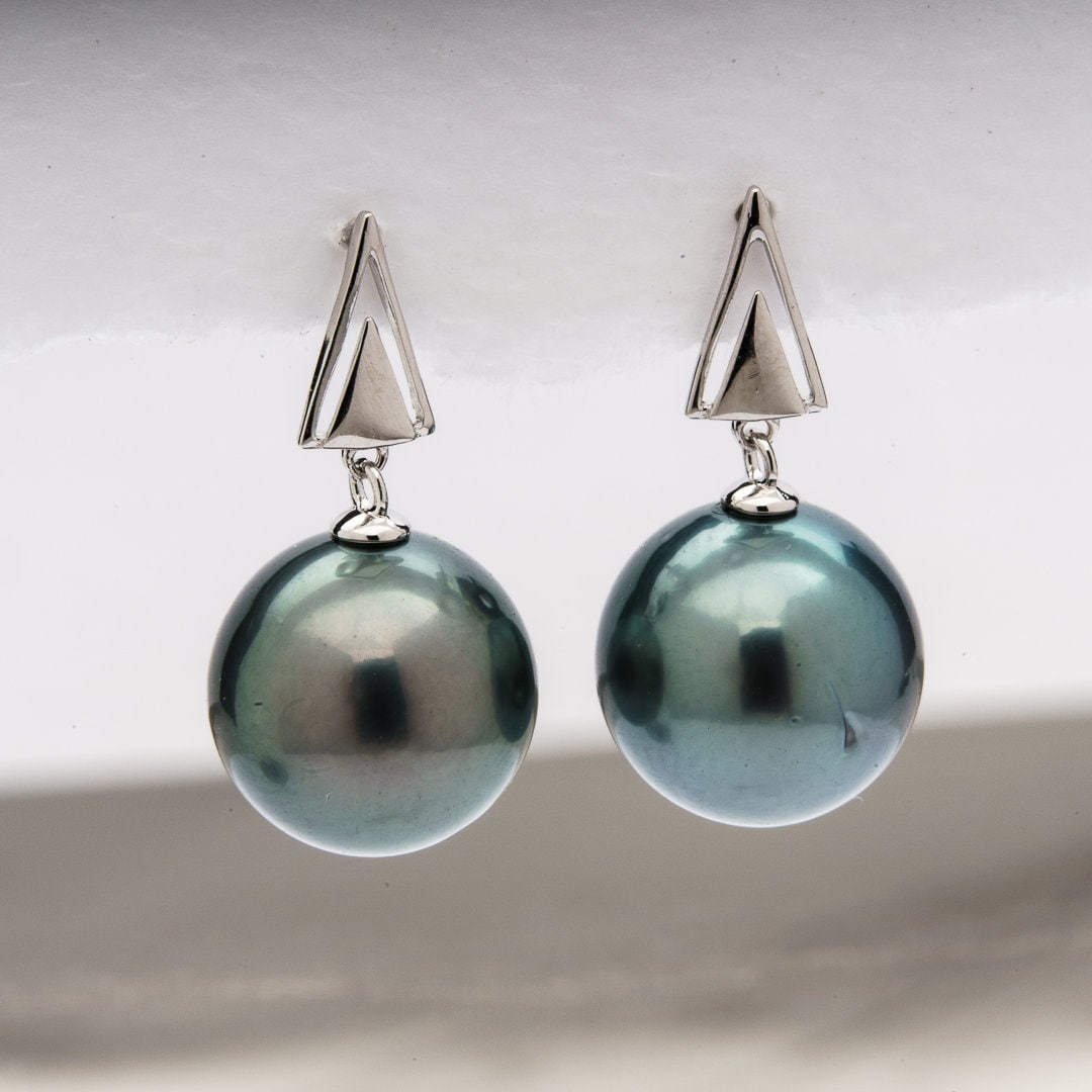 Tahitian pearl earrings 11mm, 925 sterling silver with rhodium finish and cubic zirconia