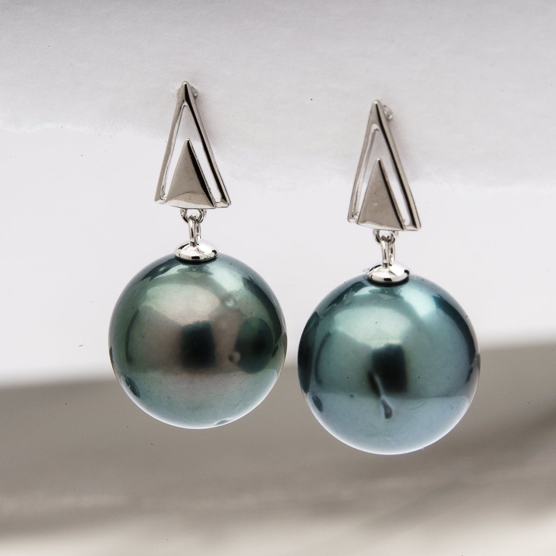 Tahitian pearl earrings 11mm, 925 sterling silver with rhodium finish and cubic zirconia