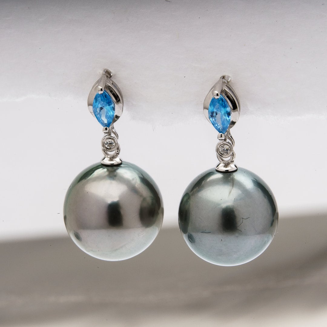 Tahitian pearl earrings 11mm, 925 sterling silver with rhodium finish and cubic zirconia