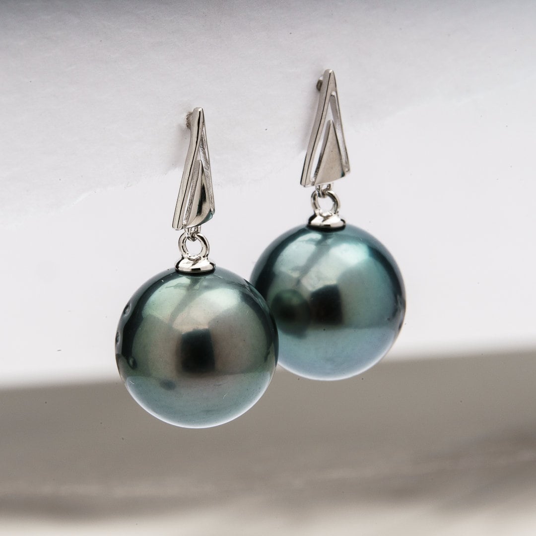 Tahitian pearl earrings 11mm, 925 sterling silver with rhodium finish and cubic zirconia