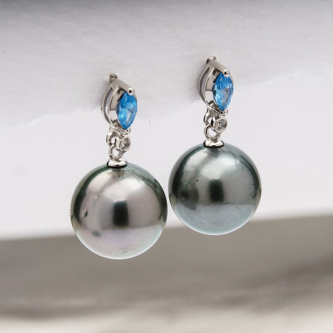 Tahitian pearl earrings 11mm, 925 sterling silver with rhodium finish and cubic zirconia