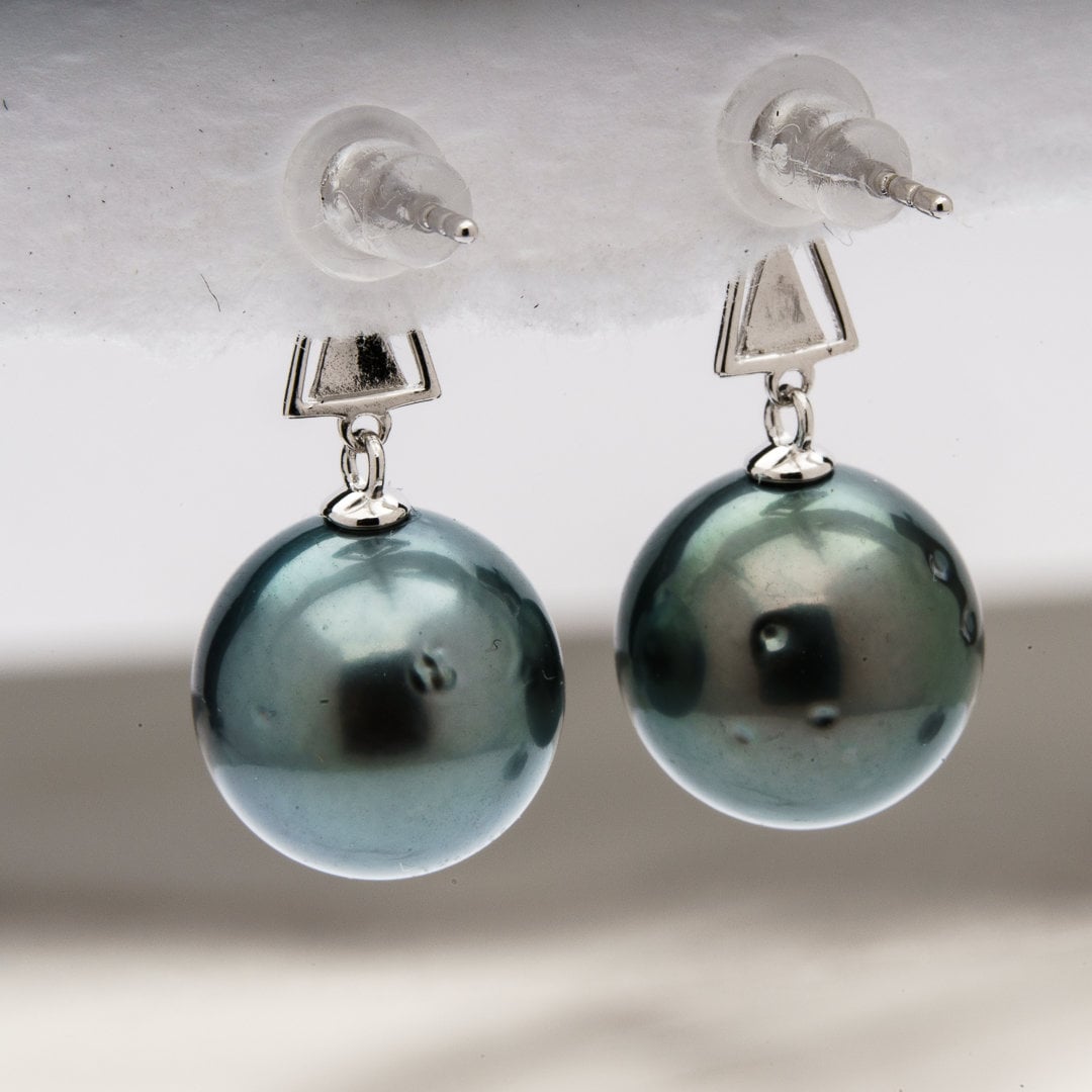 Tahitian pearl earrings 11mm, 925 sterling silver with rhodium finish and cubic zirconia