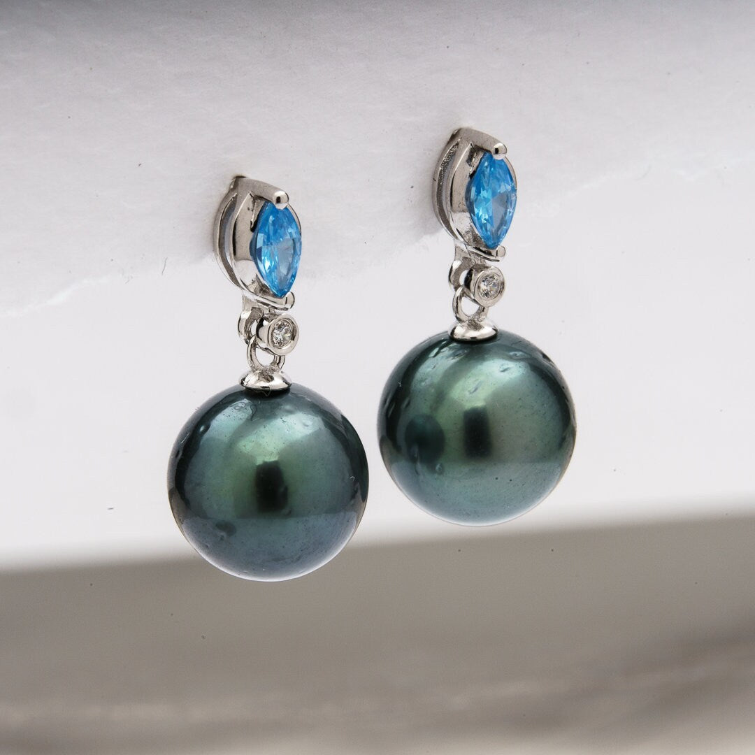 Tahitian pearl earrings 9mm, 925 sterling silver with rhodium finish and cubic zirconia