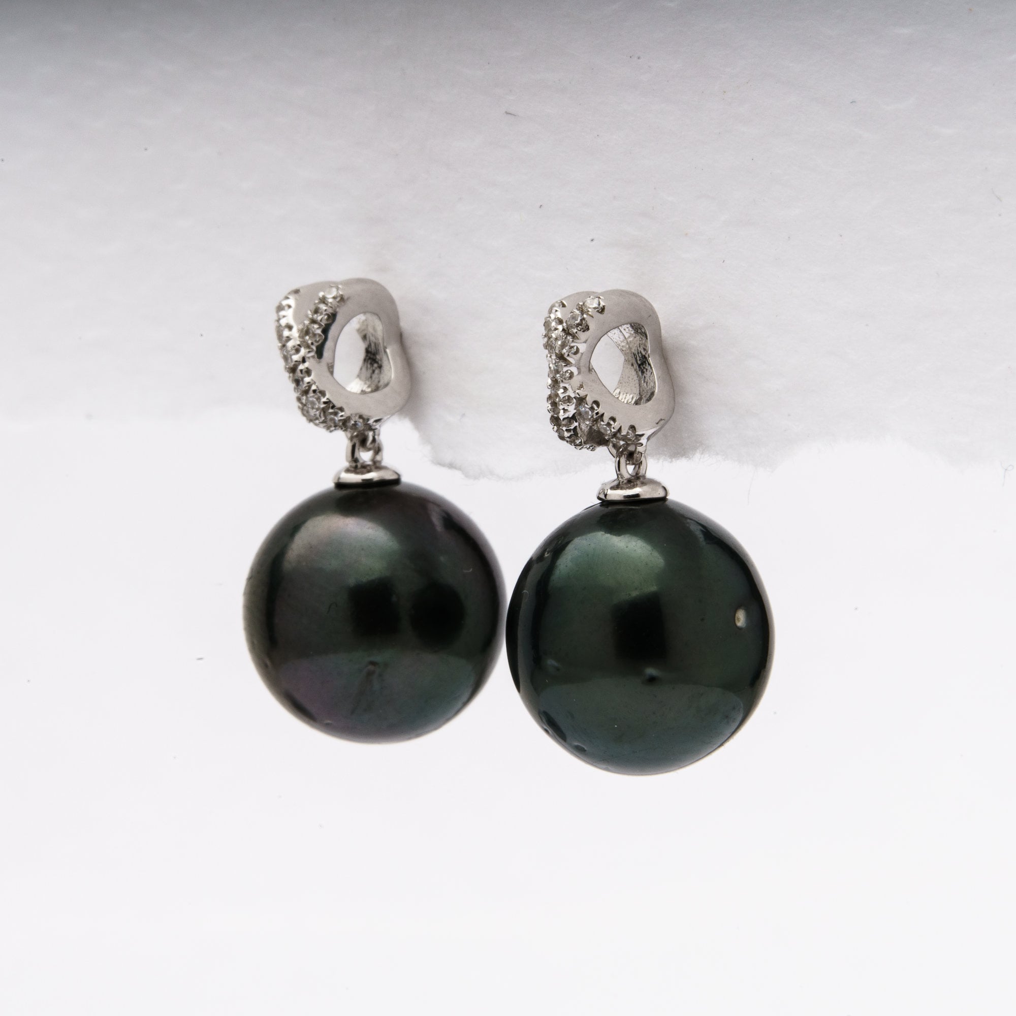 Tahitian pearl earrings 10mm, 925 sterling silver with rhodium finish and cubic zirconia