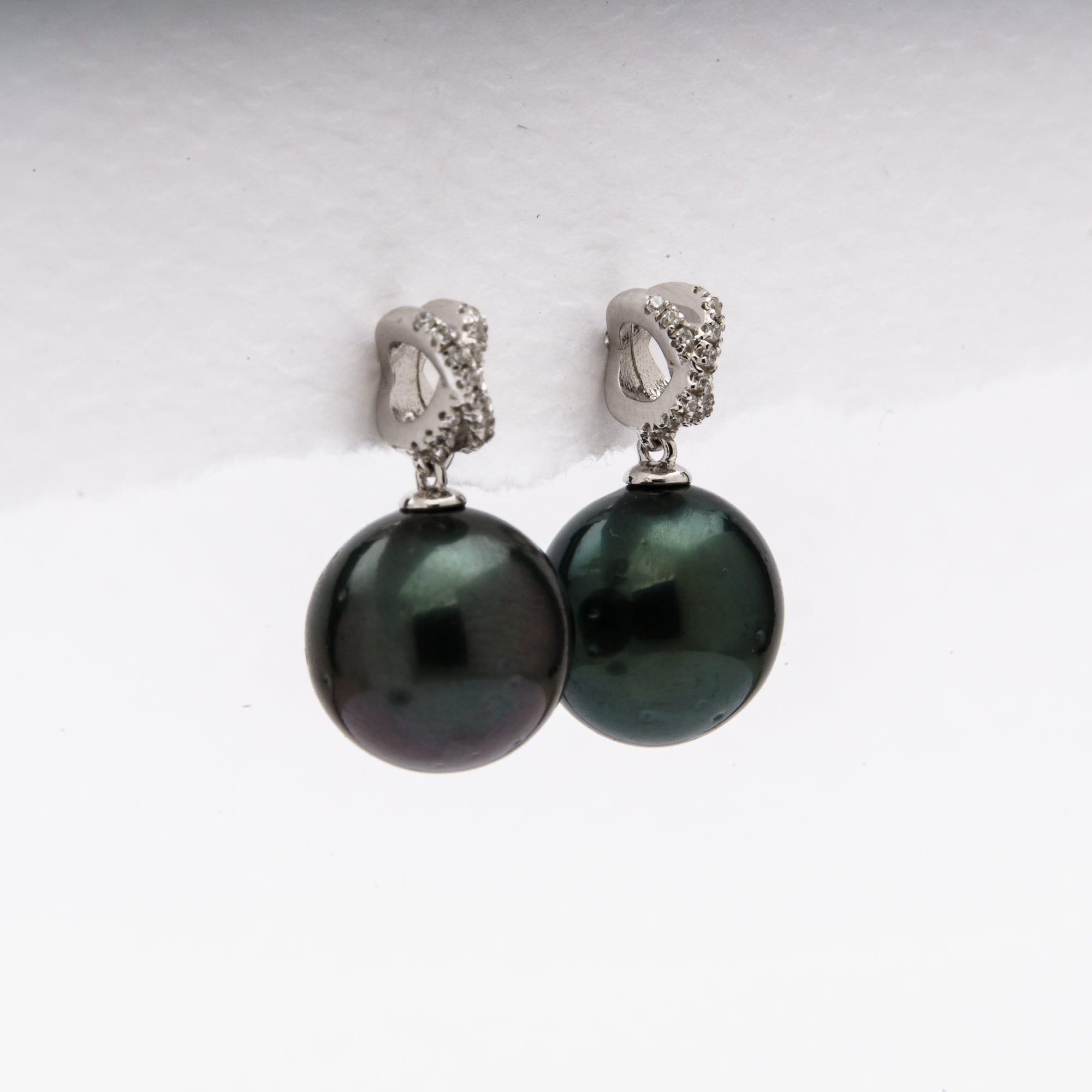 Tahitian pearl earrings 10mm, 925 sterling silver with rhodium finish and cubic zirconia