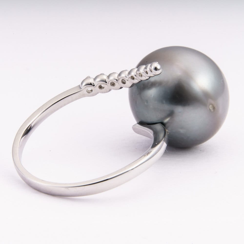 14mm tahitian pearl ring, 925 sterling silver, rhodium finish, cubic zirconia