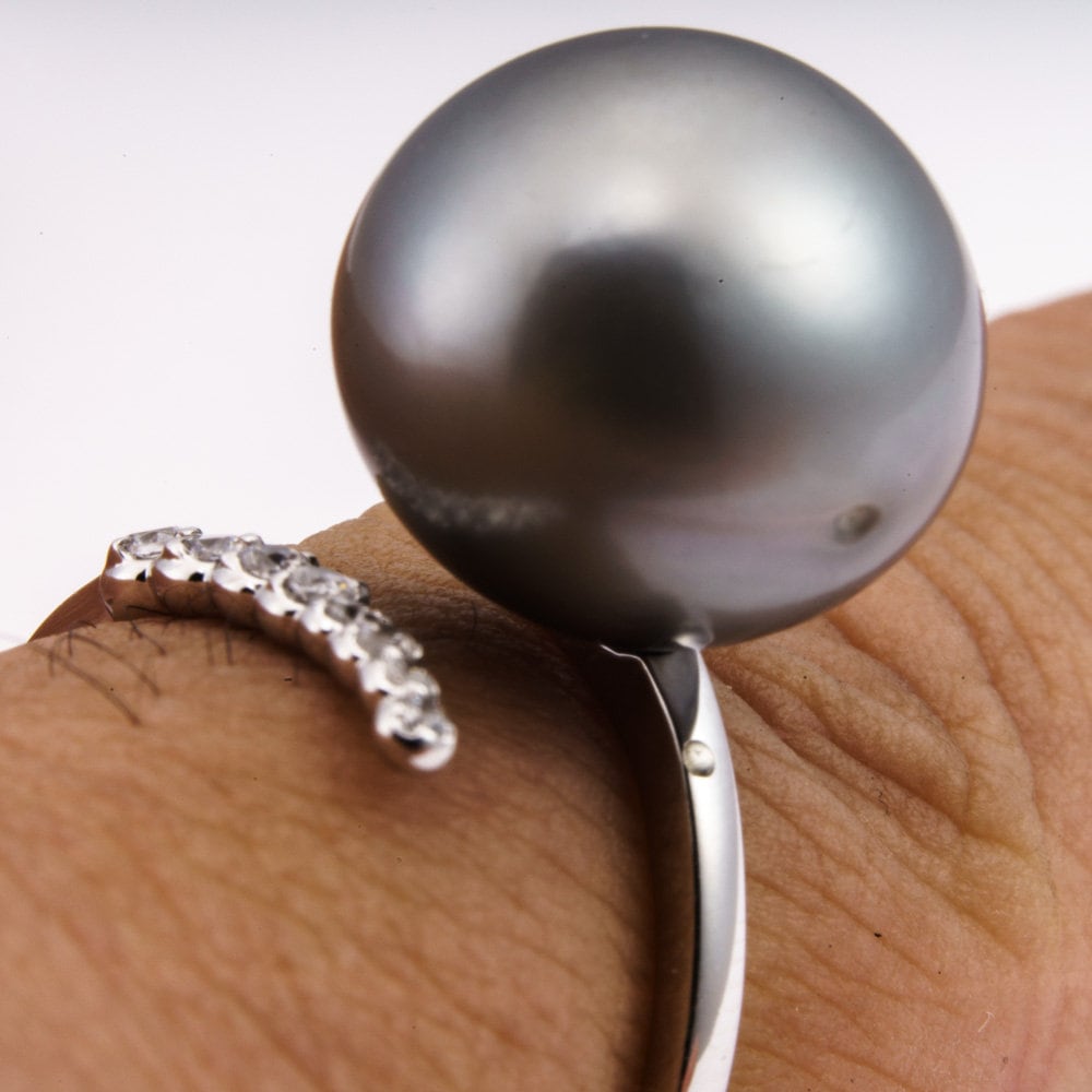 14mm tahitian pearl ring, 925 sterling silver, rhodium finish, cubic zirconia