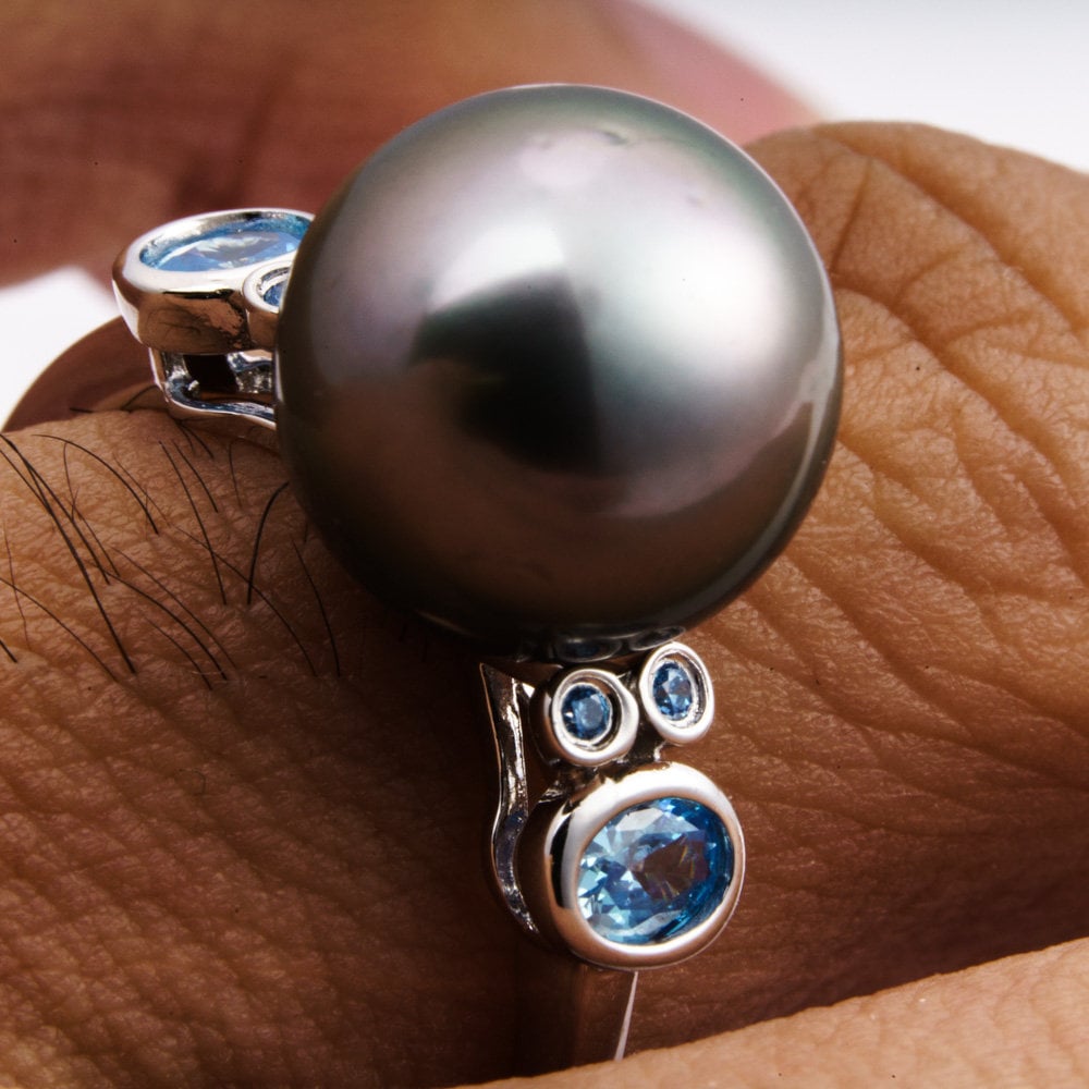 11mm tahitian pearl ring, size 7.5 us, 925 sterling silver with cubic zirconia