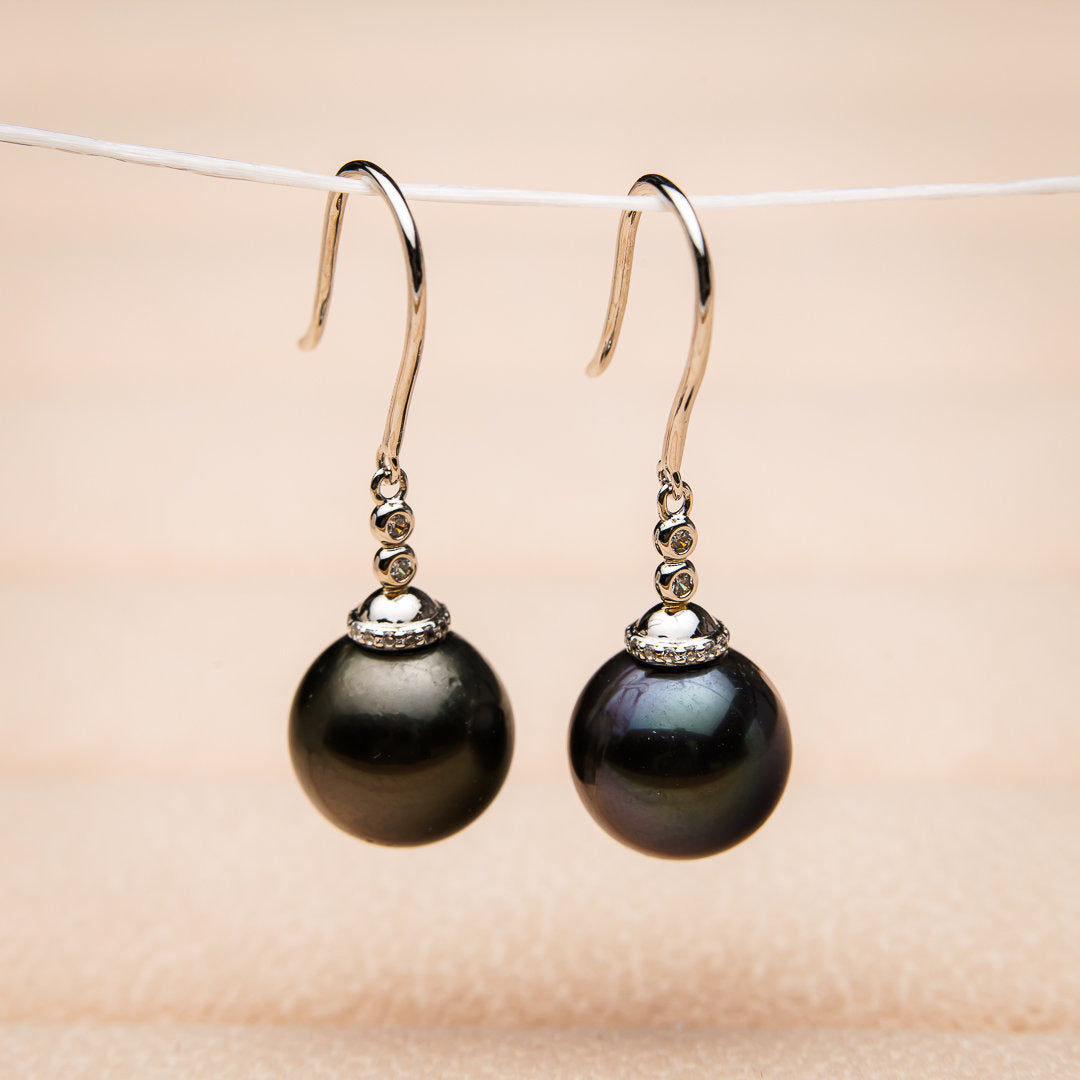 10mm black tahitian pearl dangle earrings natural cultured pearls