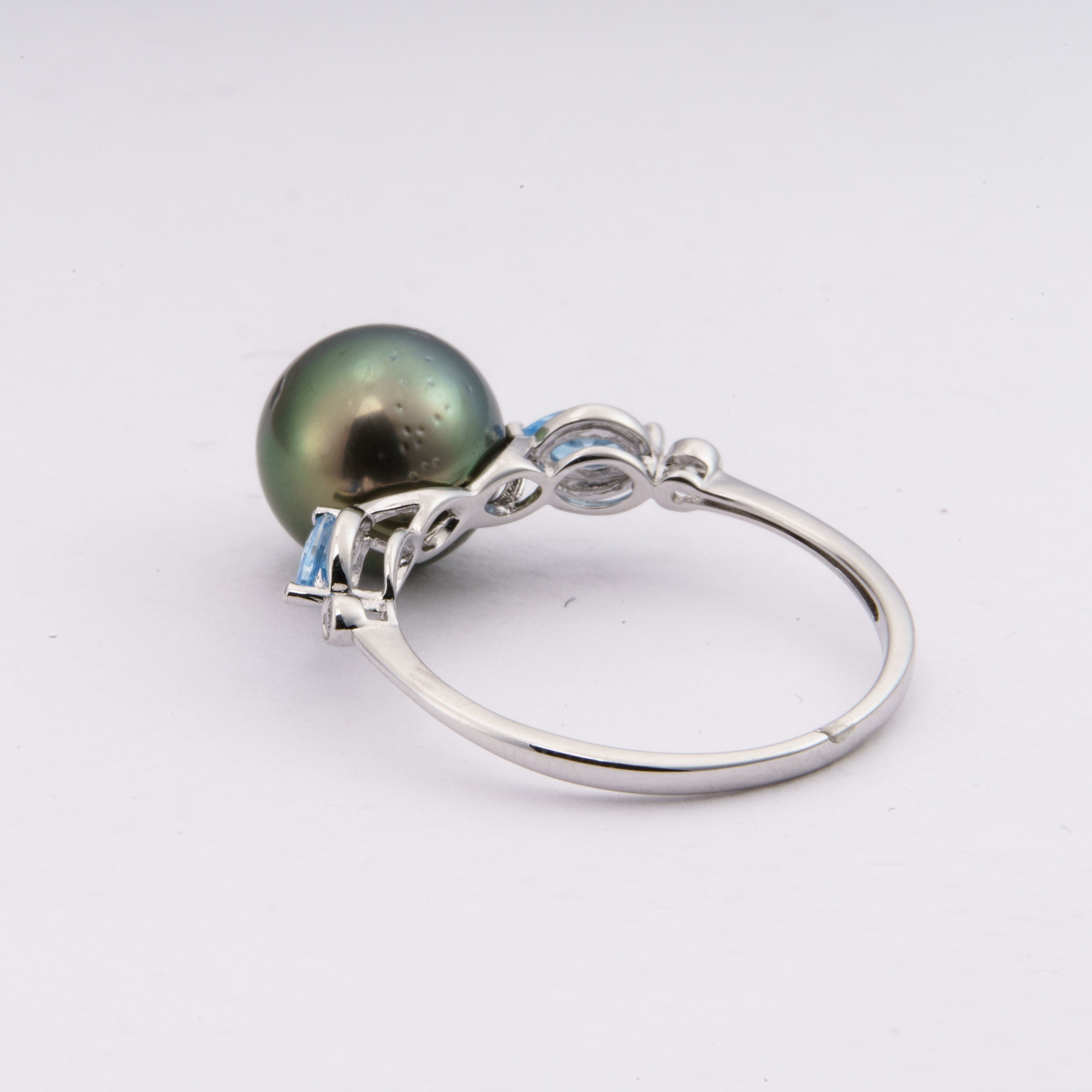 9.5mm tahitian pearl ring size 7.5us 925 sterling silver sea blue cubic zircon