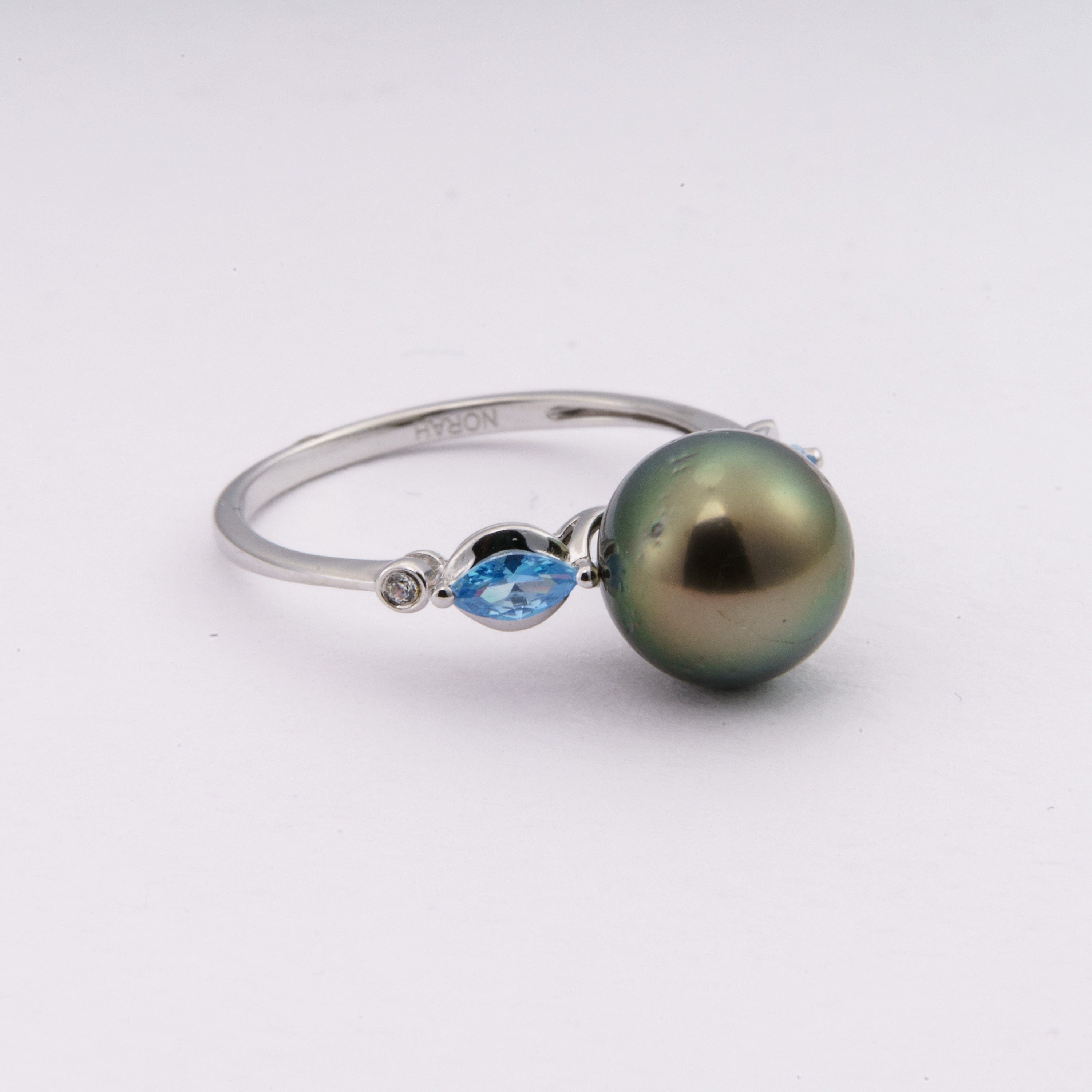 9.5mm tahitian pearl ring size 7.5us 925 sterling silver sea blue cubic zircon