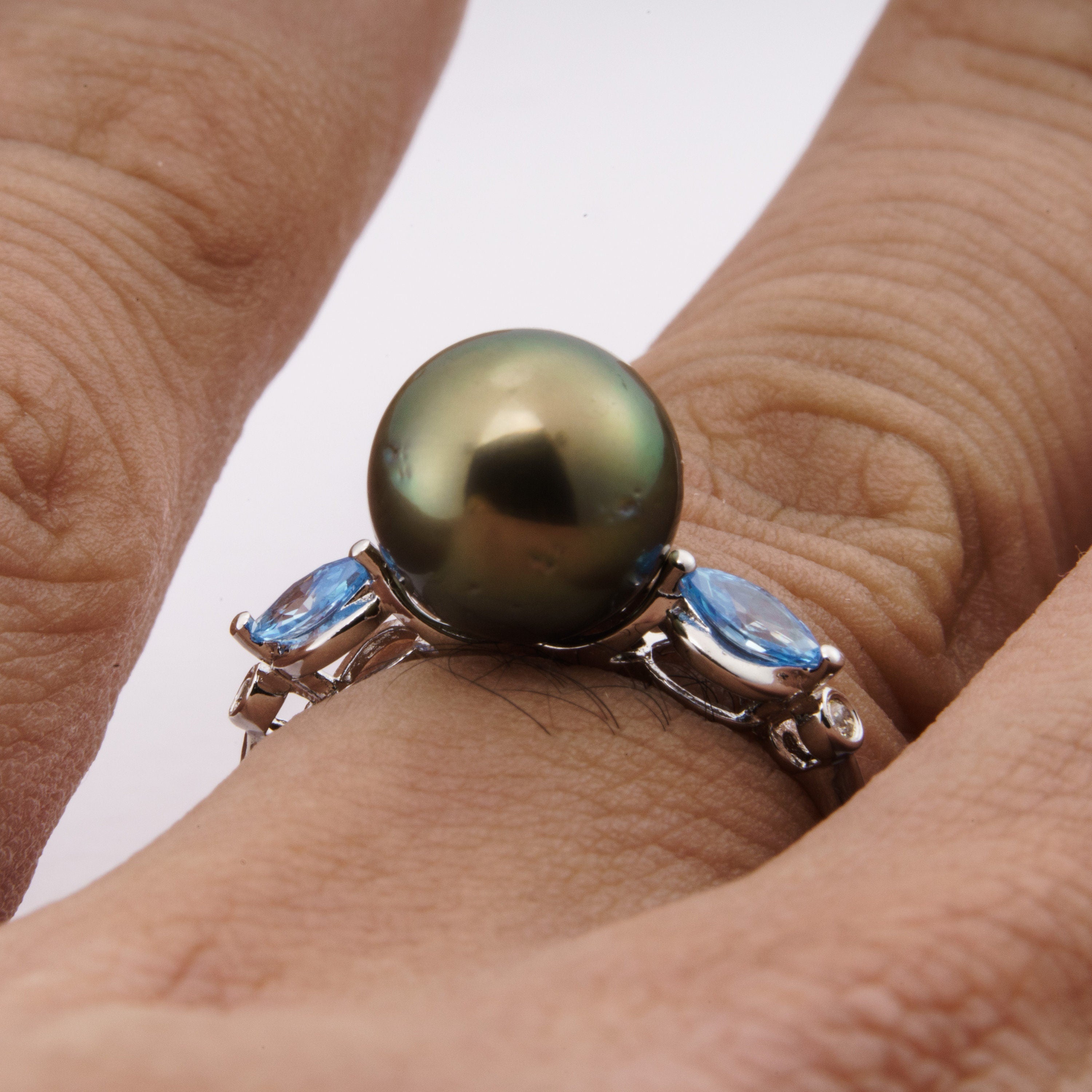 9.5mm tahitian pearl ring size 7.5us 925 sterling silver sea blue cubic zircon