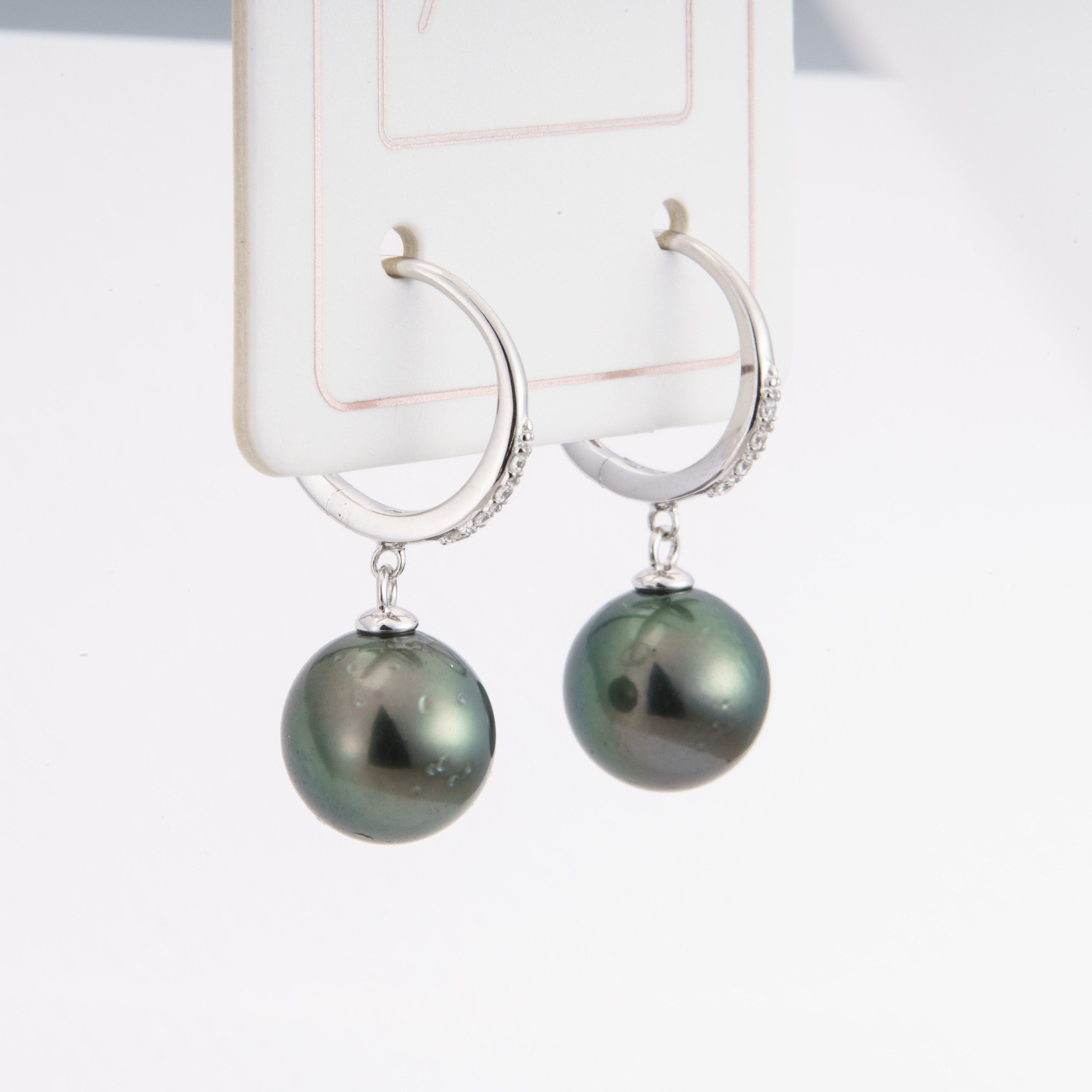 Tahitian pearl earrings 9mm, 925 sterling silver with rhodium finish and cubic zirconia