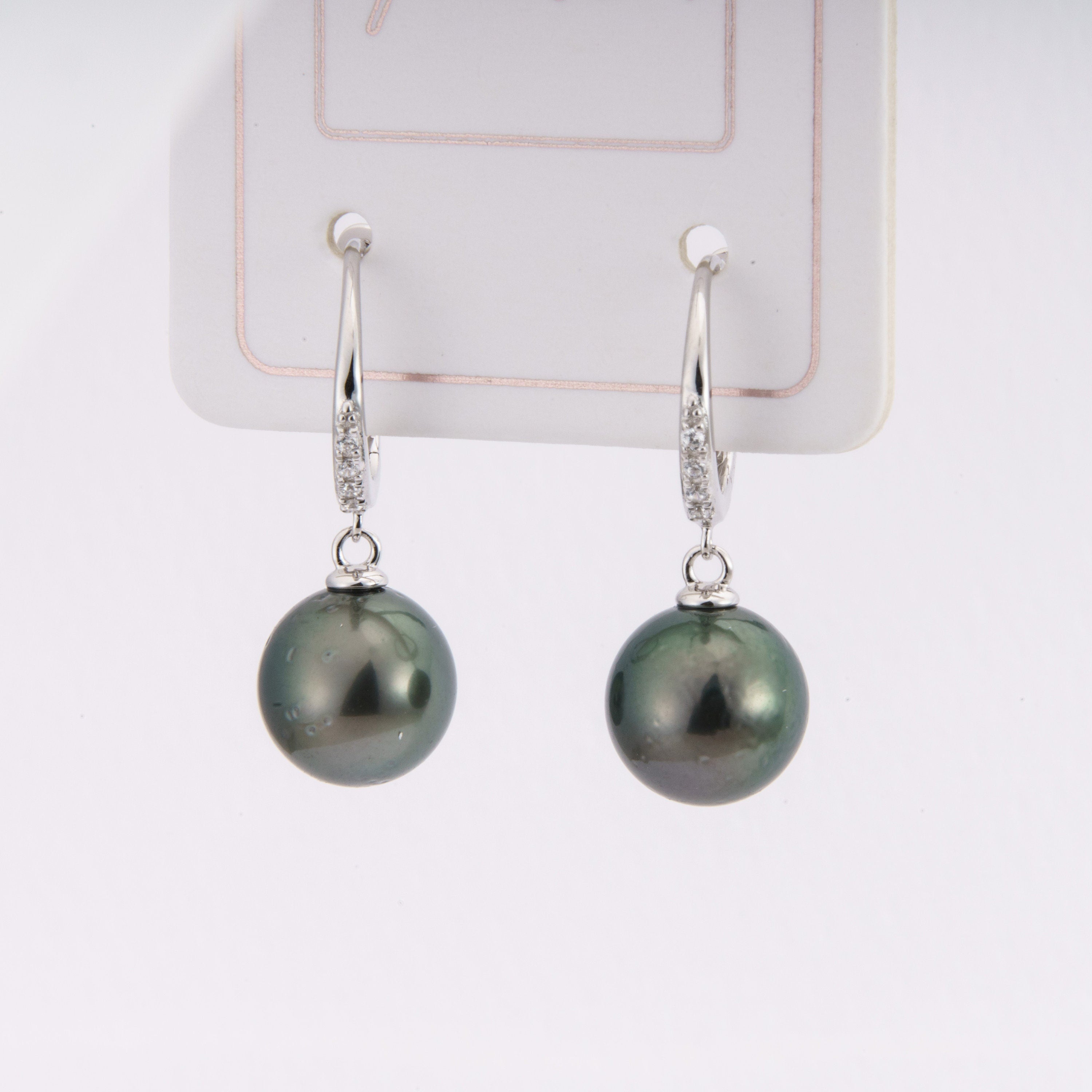 Tahitian pearl earrings 9mm, 925 sterling silver with rhodium finish and cubic zirconia