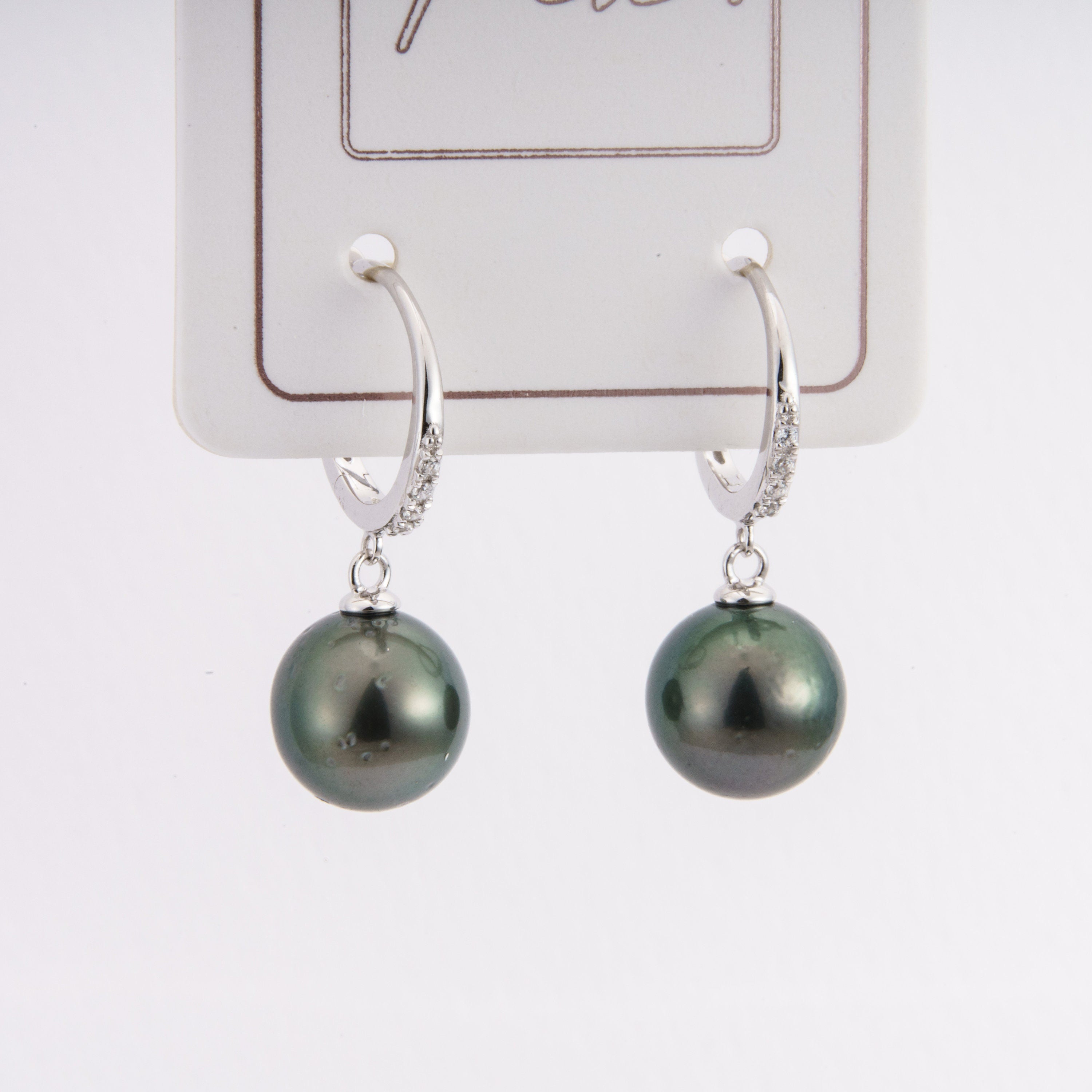 Tahitian pearl earrings 9mm, 925 sterling silver with rhodium finish and cubic zirconia