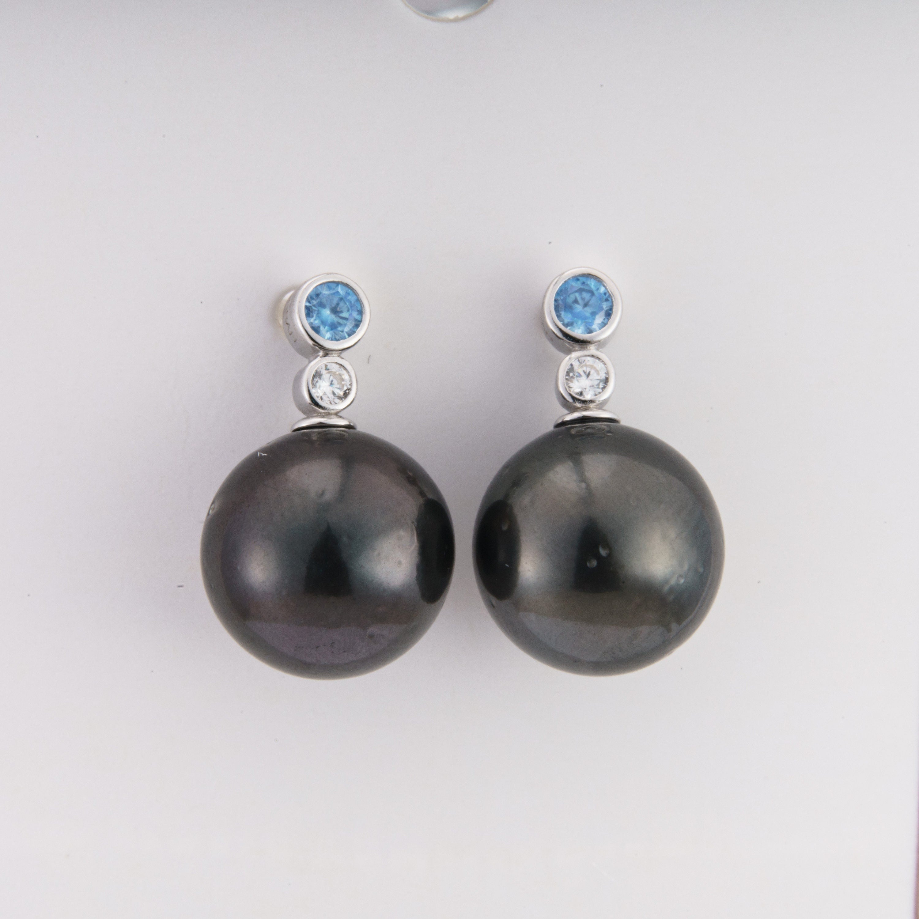 Tahitian pearl earrings 10mm, 925 sterling silver with rhodium finish and cubic zirconia