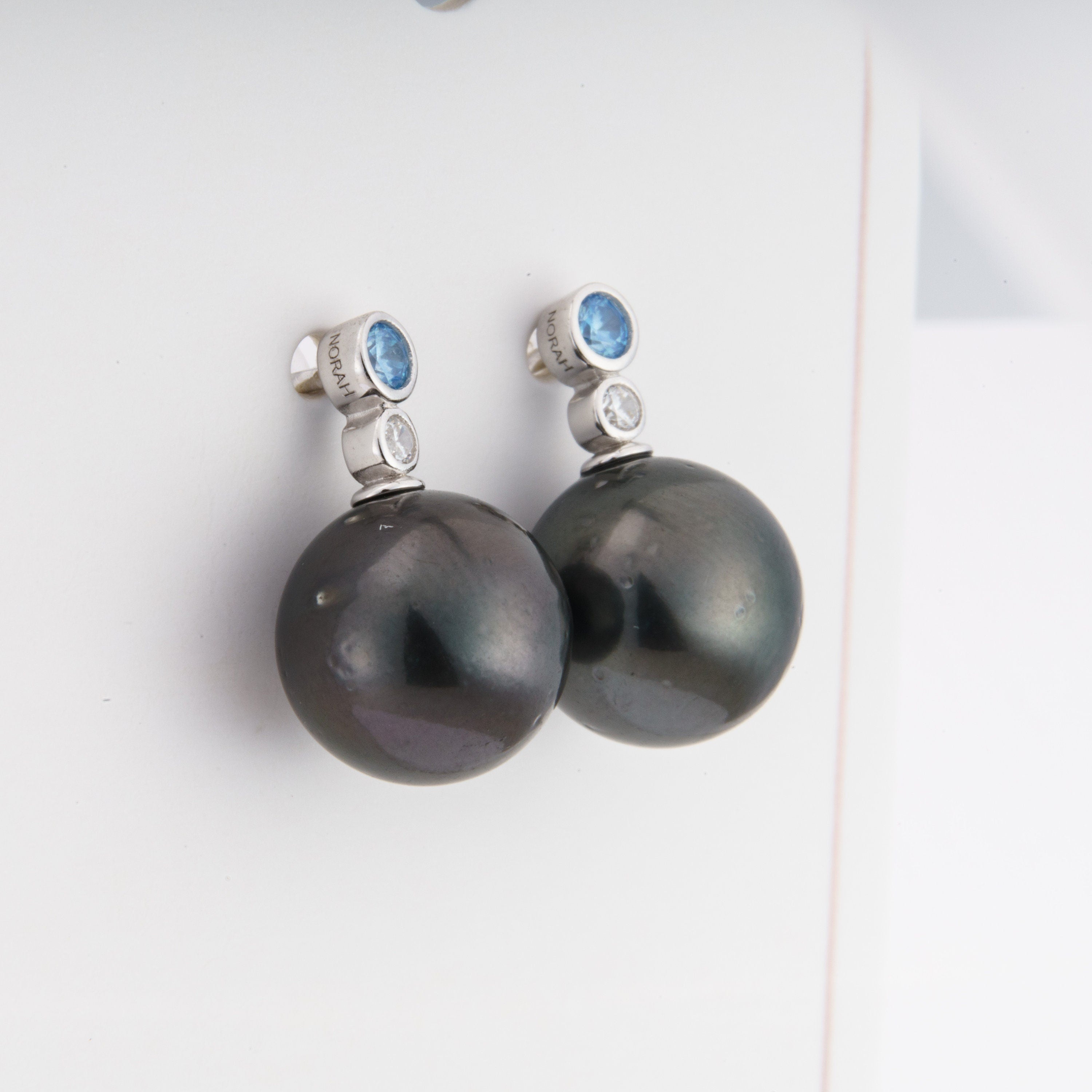 Tahitian pearl earrings 10mm, 925 sterling silver with rhodium finish and cubic zirconia