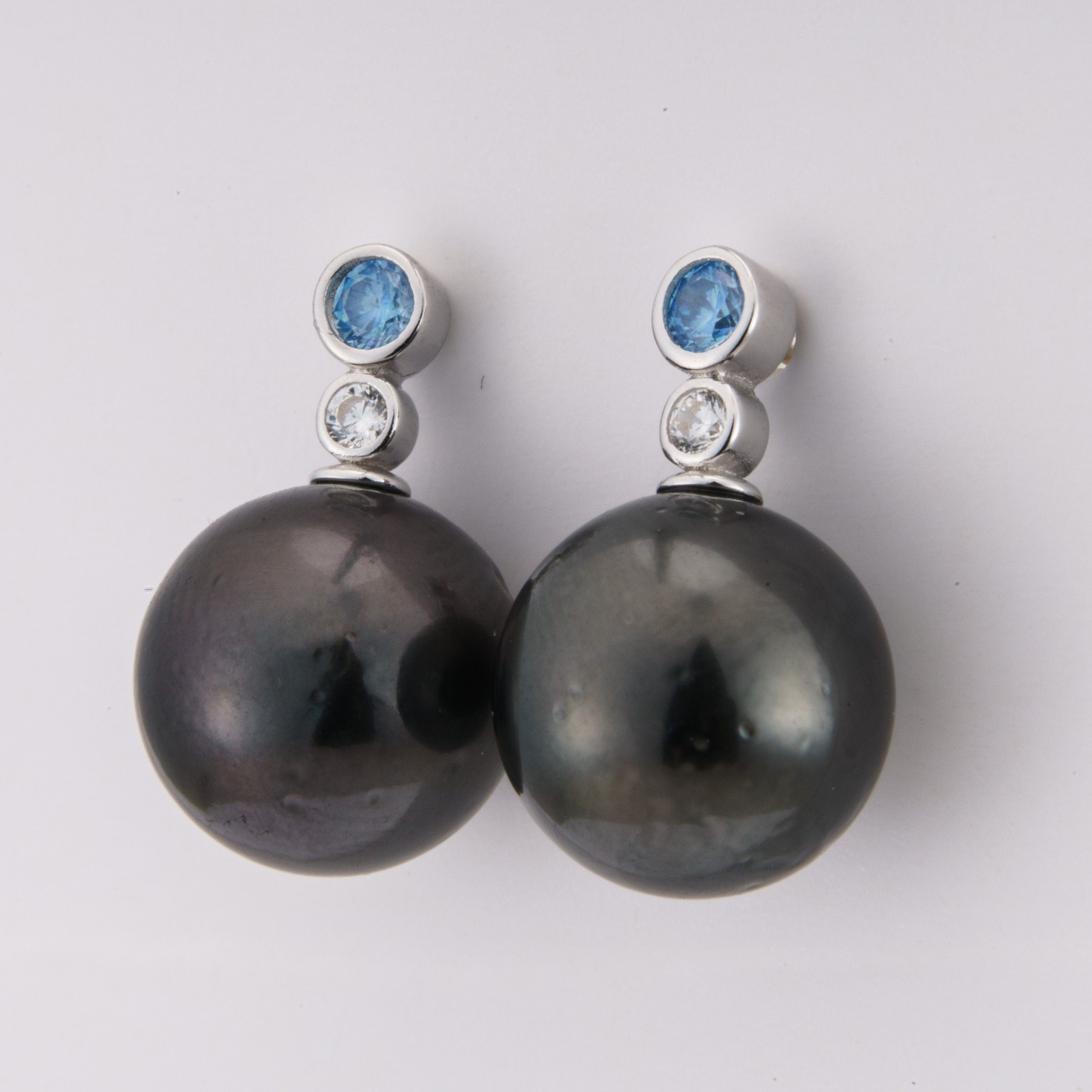 Tahitian pearl earrings 10mm, 925 sterling silver with rhodium finish and cubic zirconia