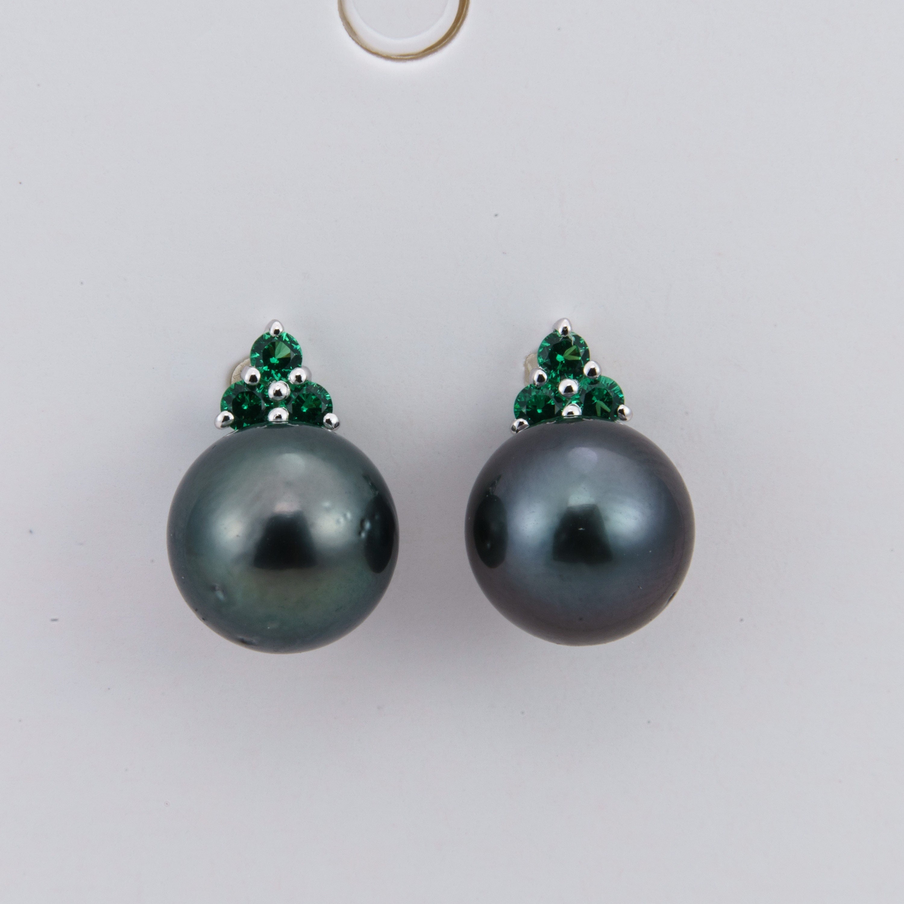 Tahitian pearl earrings 8mm, 925 sterling silver with rhodium finish and cubic zirconia