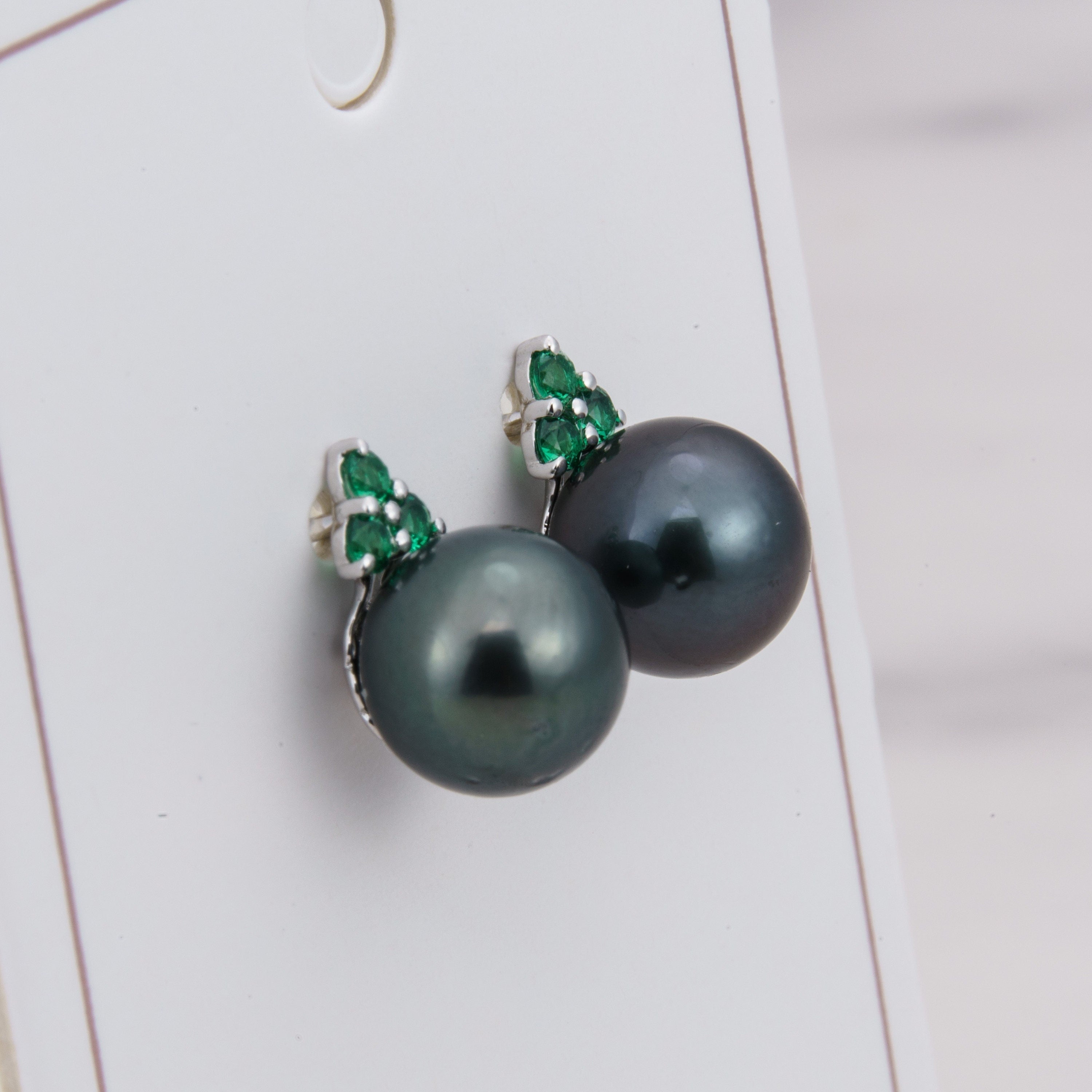 Tahitian pearl earrings 8mm, 925 sterling silver with rhodium finish and cubic zirconia