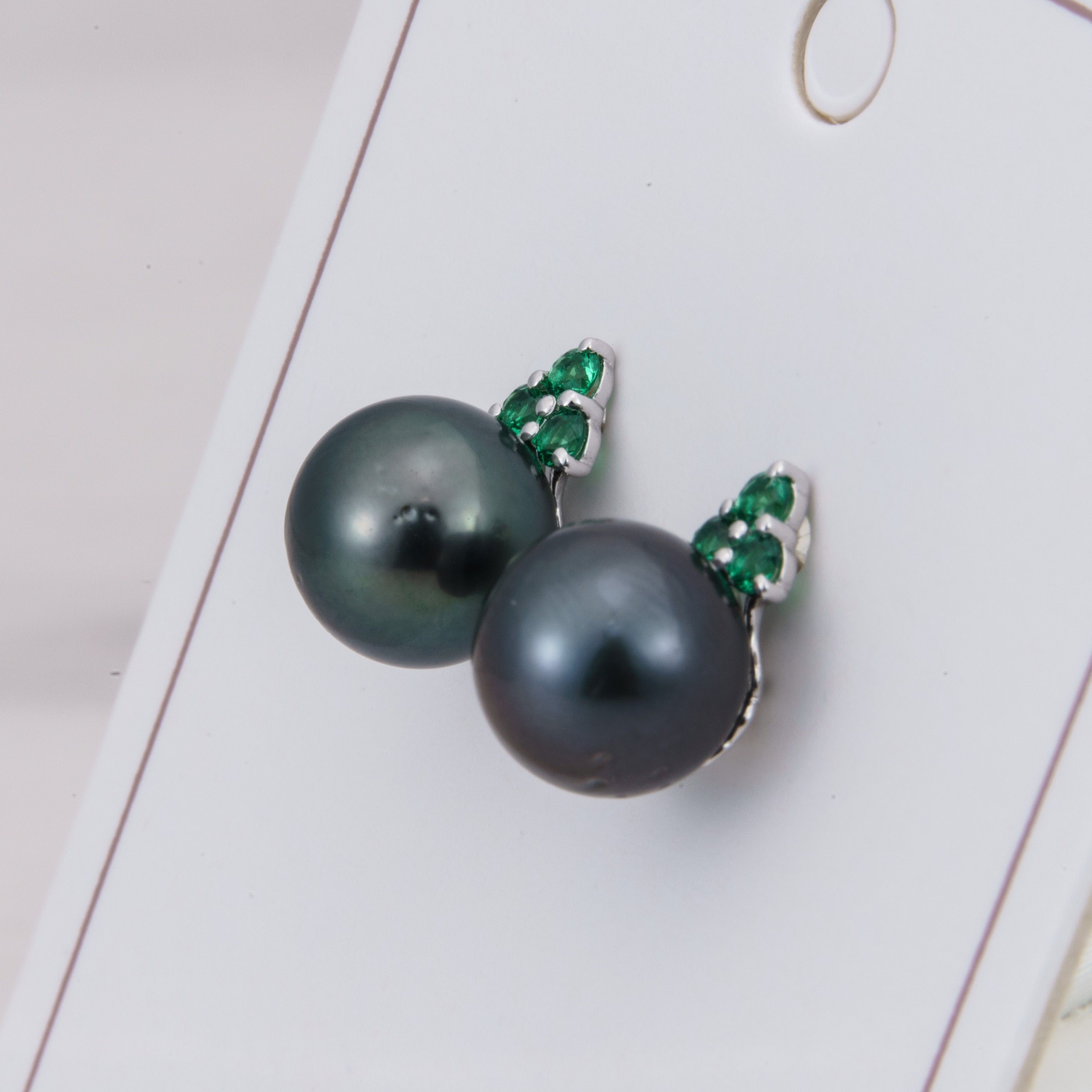 Tahitian pearl earrings 8mm, 925 sterling silver with rhodium finish and cubic zirconia