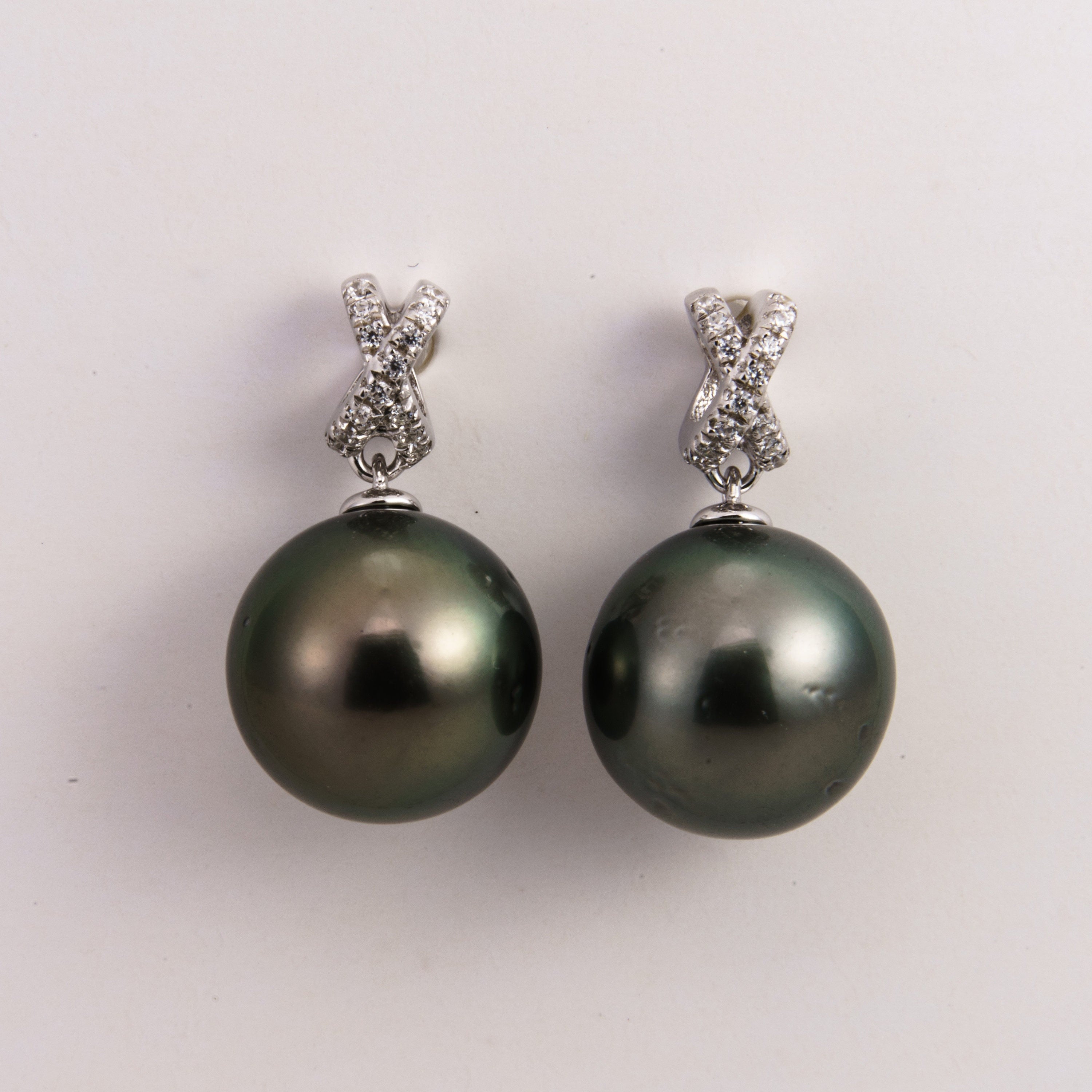 Tahitian pearl earrings 10mm, 925 sterling silver with rhodium finish and cubic zirconia