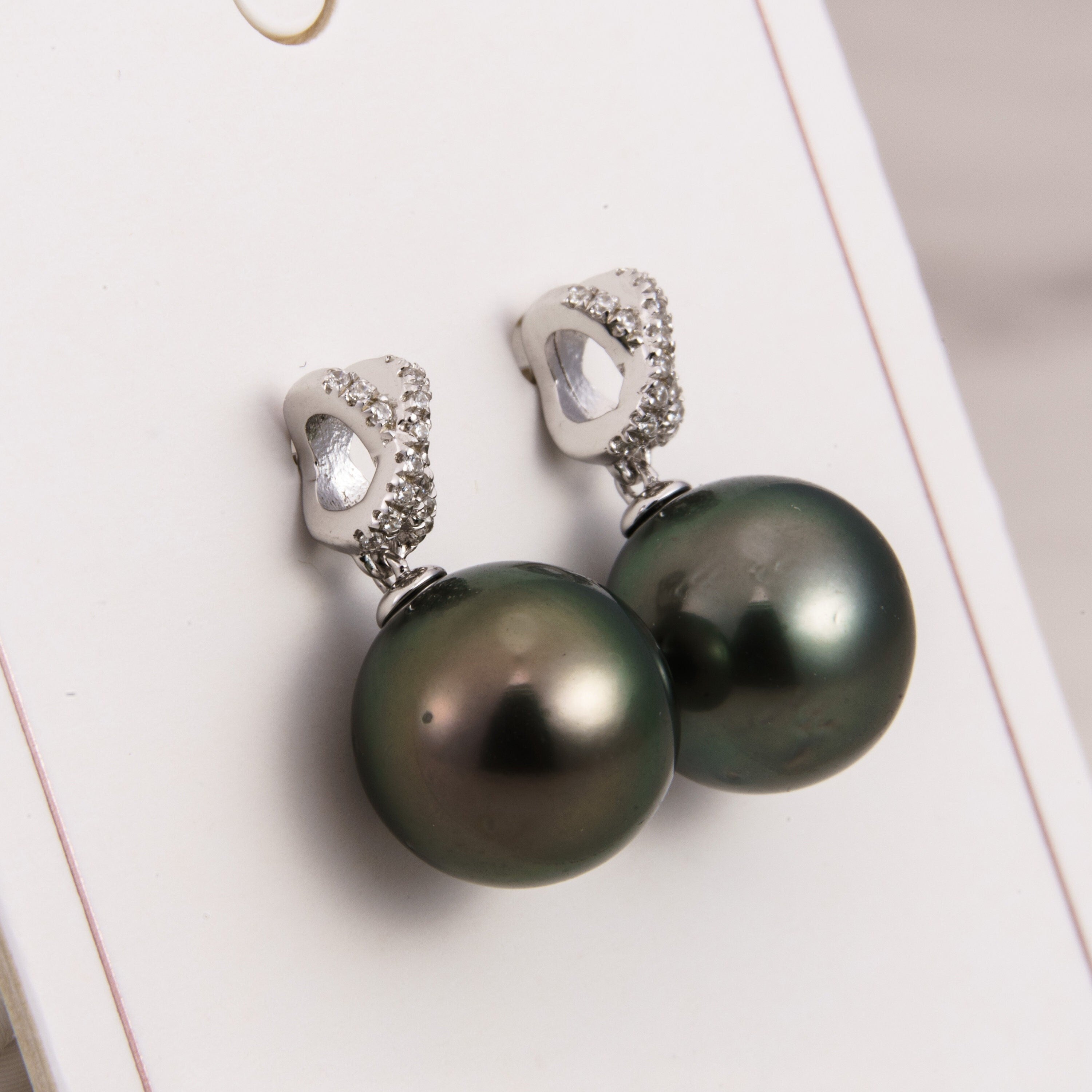 Tahitian pearl earrings 10mm, 925 sterling silver with rhodium finish and cubic zirconia