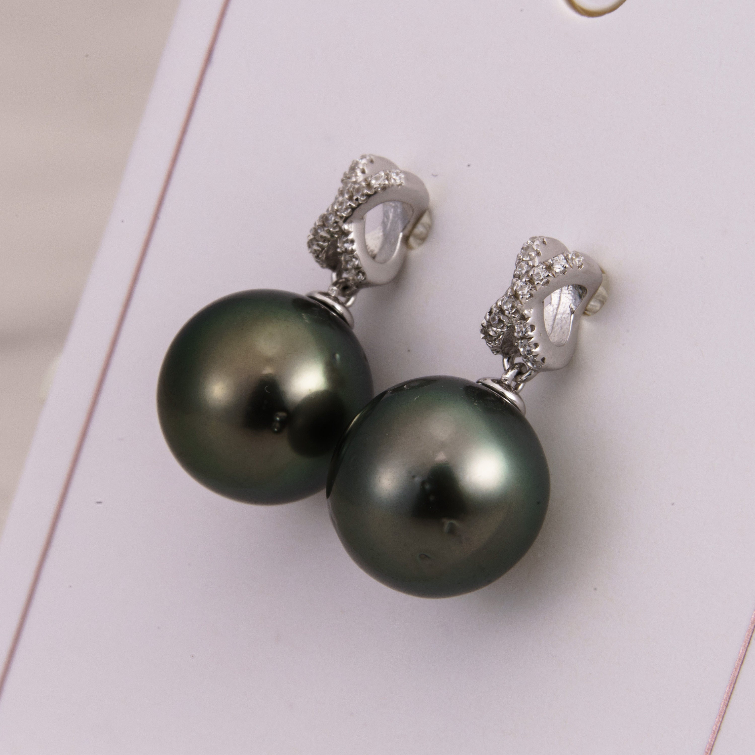 Tahitian pearl earrings 10mm, 925 sterling silver with rhodium finish and cubic zirconia