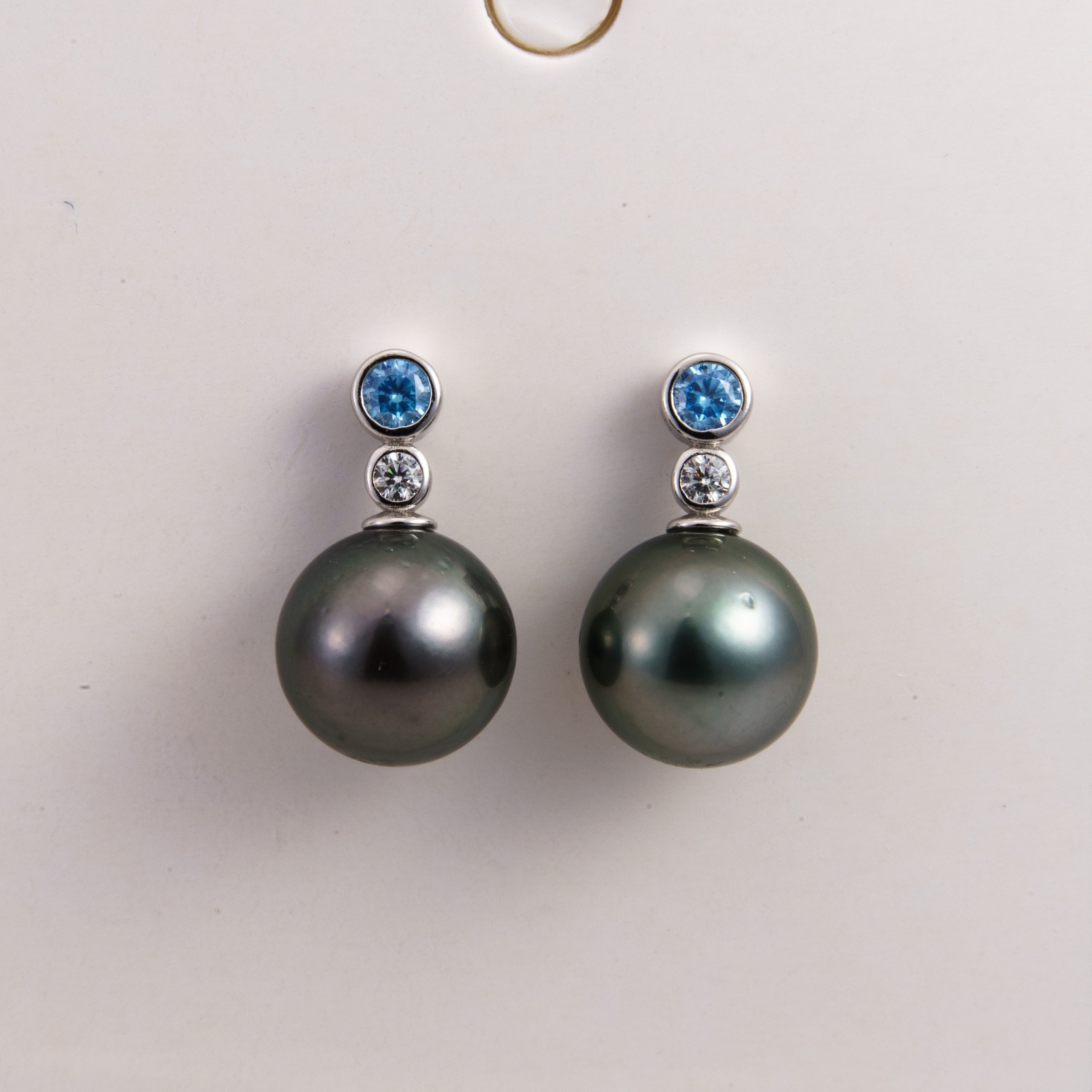 Tahitian pearl earrings 8mm, 925 sterling silver with rhodium finish and cubic zirconia