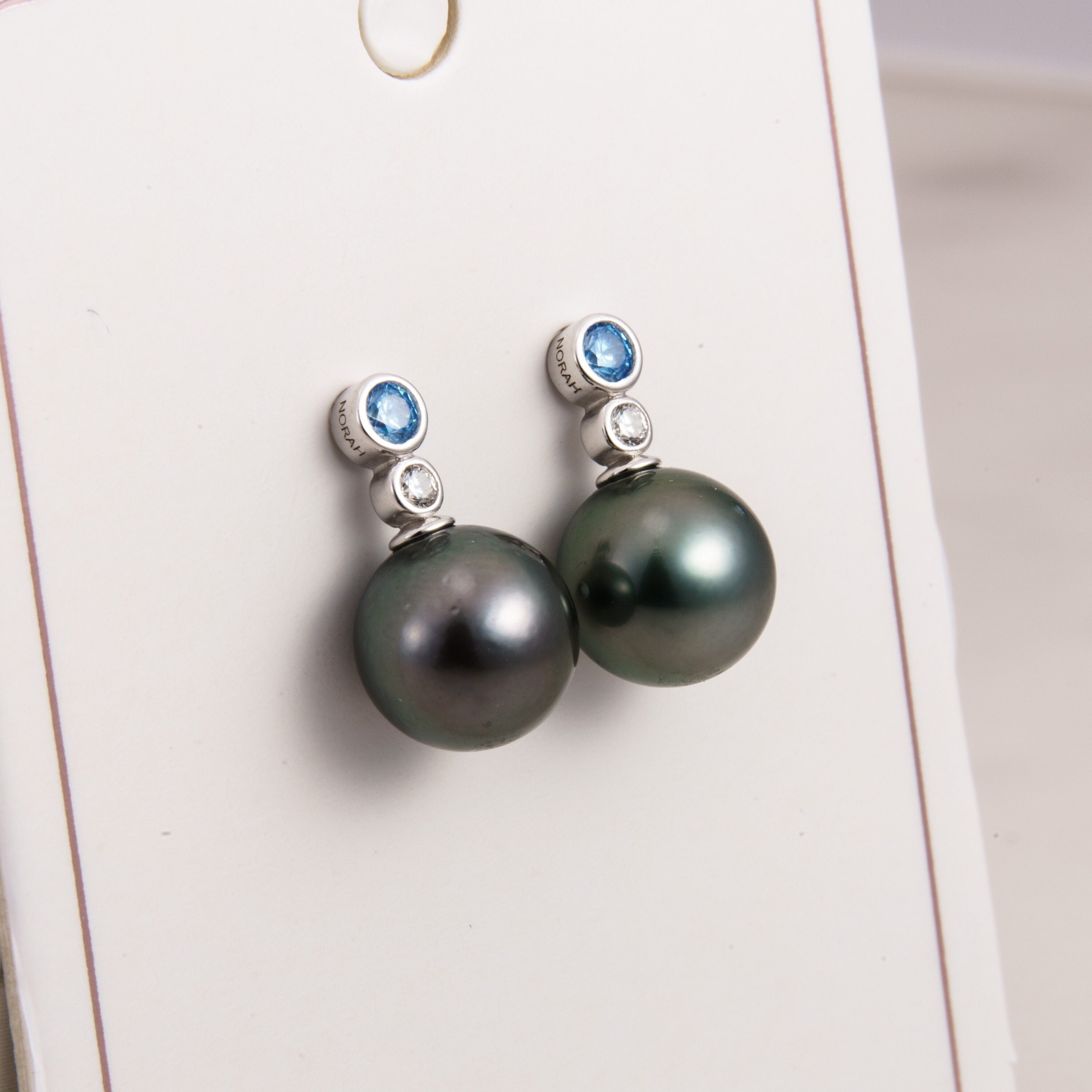 Tahitian pearl earrings 8mm, 925 sterling silver with rhodium finish and cubic zirconia