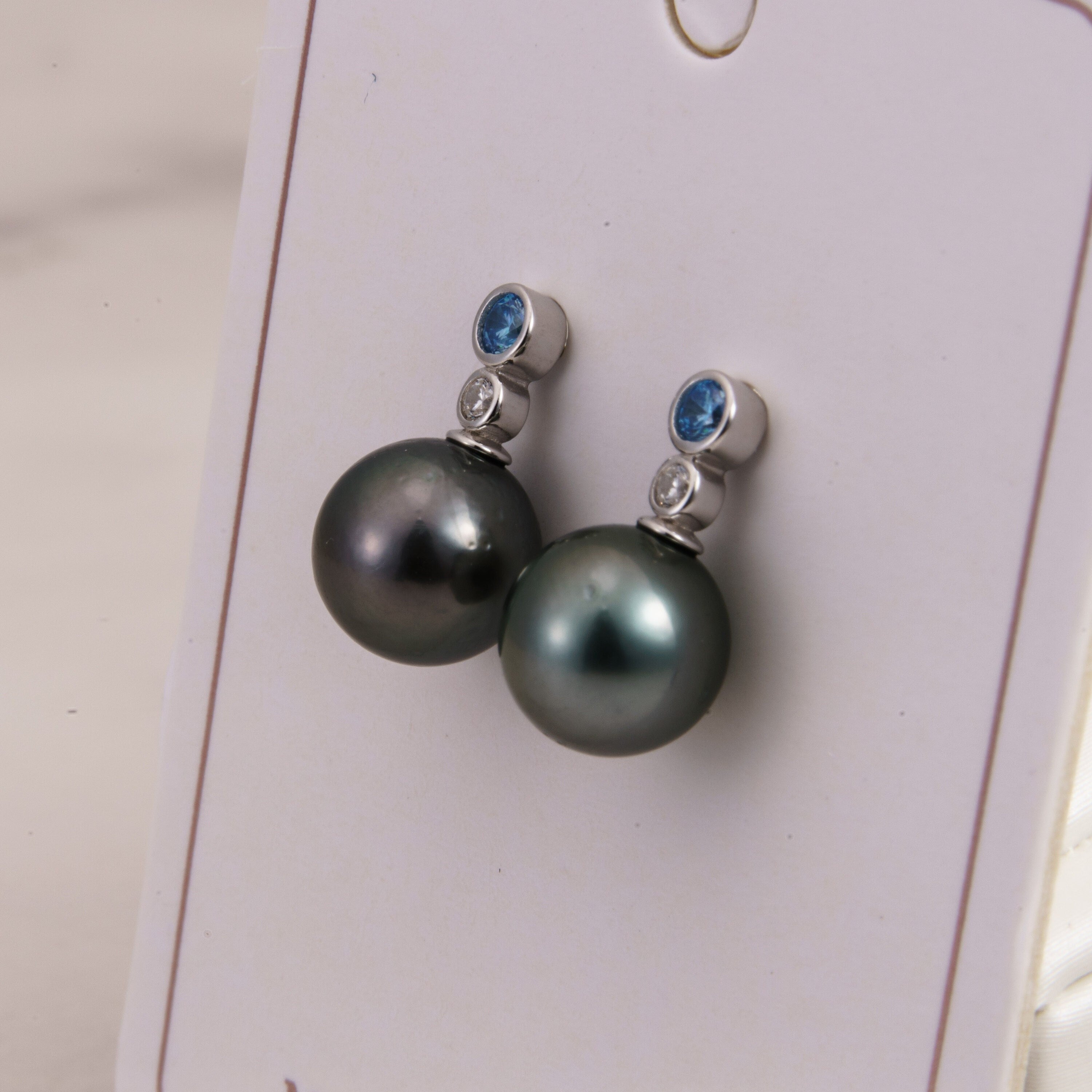 Tahitian pearl earrings 8mm, 925 sterling silver with rhodium finish and cubic zirconia