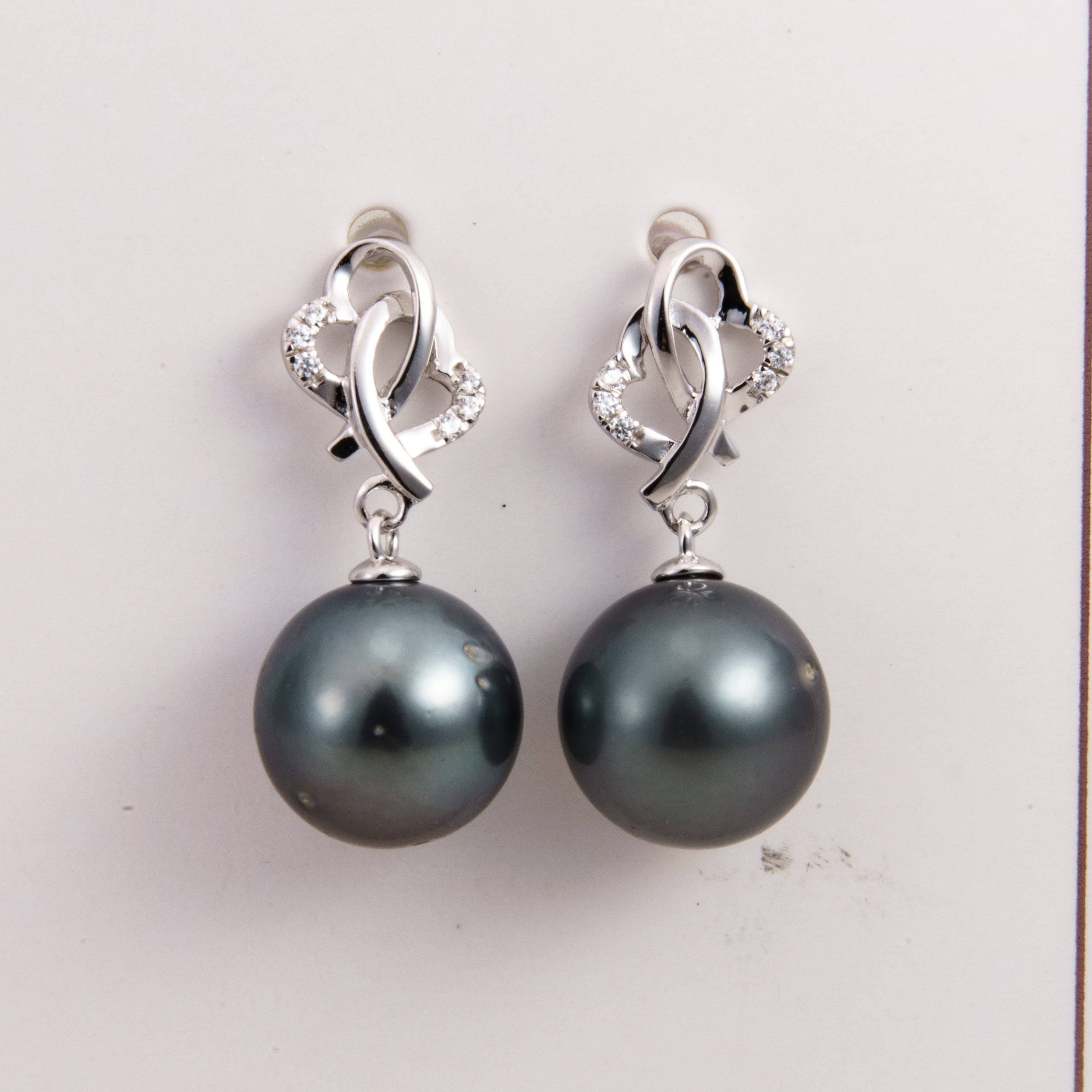 Tahitian pearl earrings 10mm, 925 sterling silver with rhodium finish and cubic zirconia