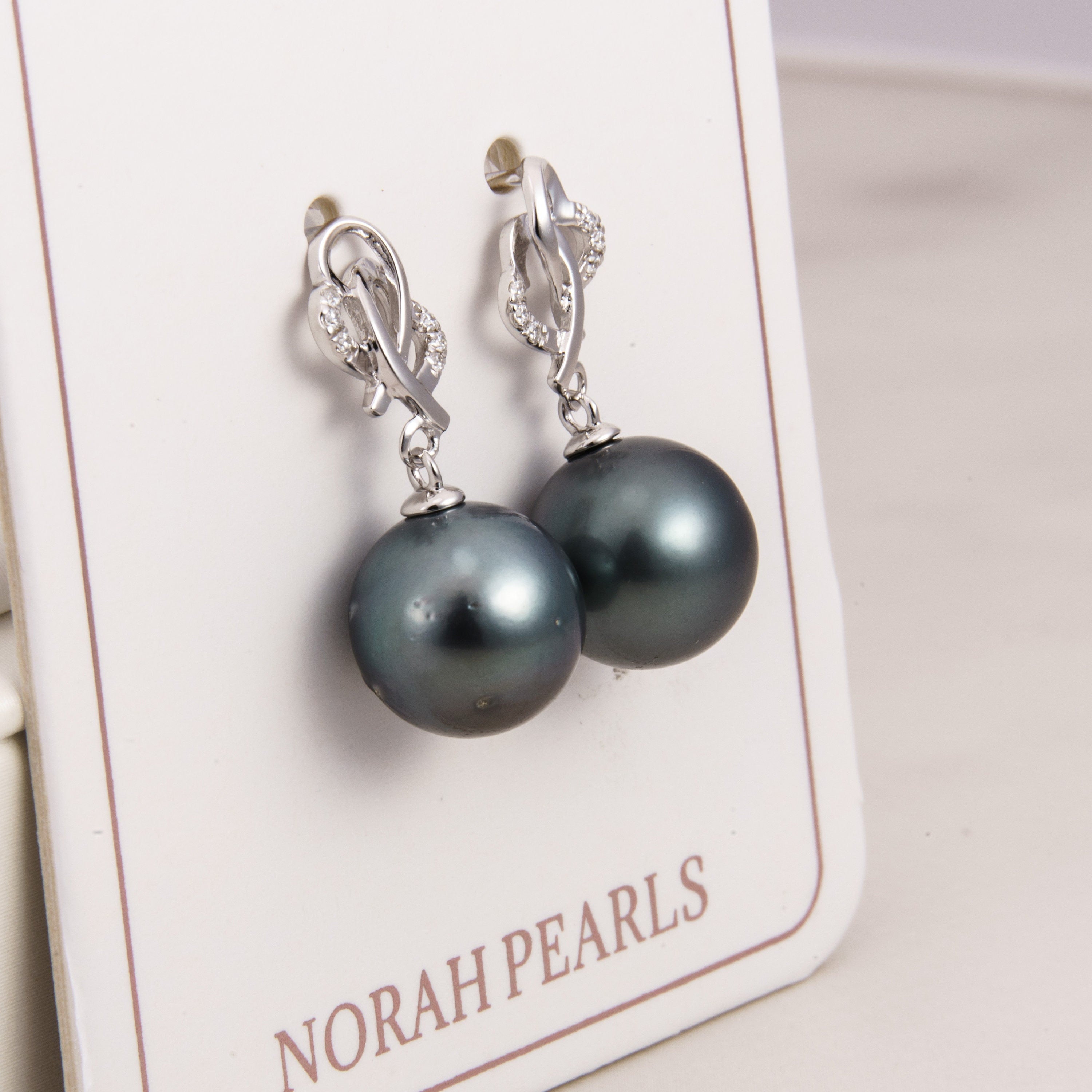 Tahitian pearl earrings 10mm, 925 sterling silver with rhodium finish and cubic zirconia