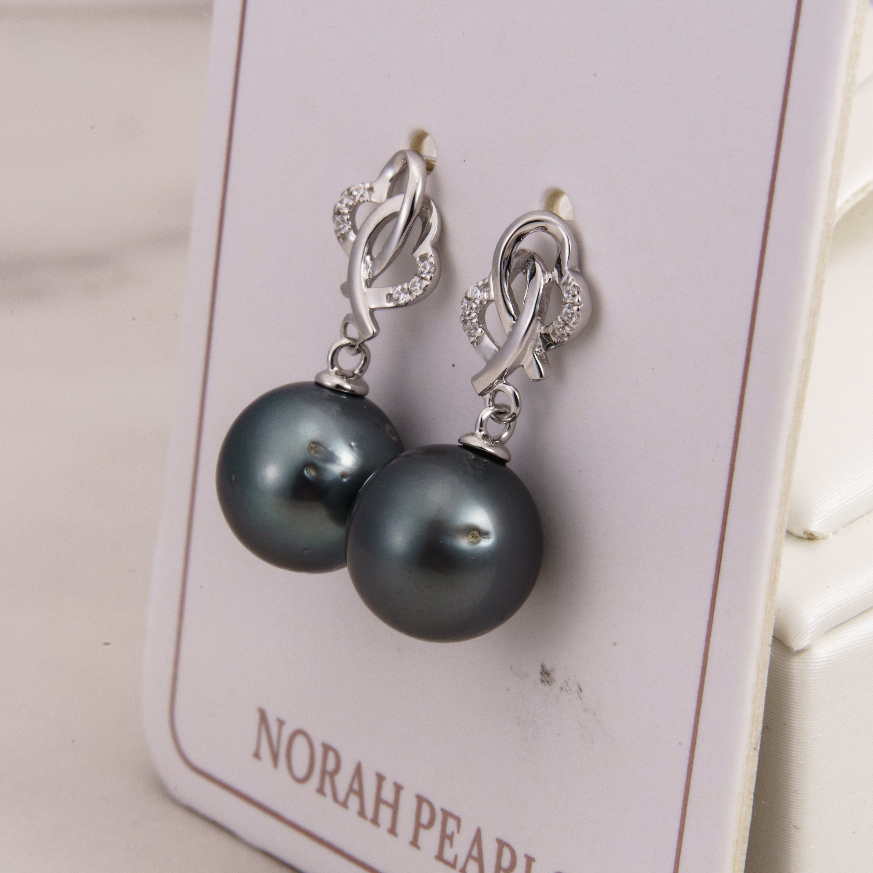 Tahitian pearl earrings 10mm, 925 sterling silver with rhodium finish and cubic zirconia