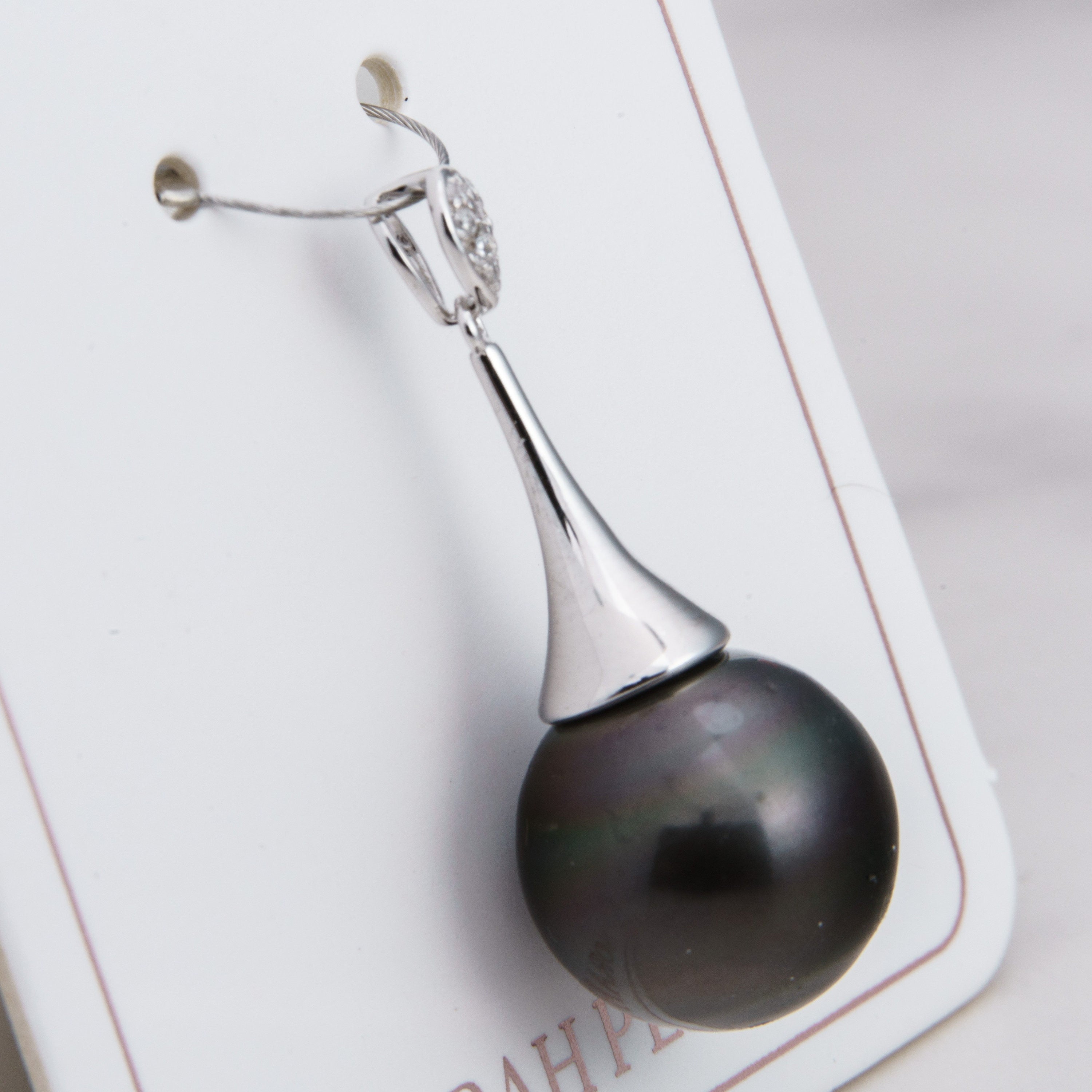 13mm tahitian pearl pendant, 925 sterling silver, rhodium finish, cubic zirconia